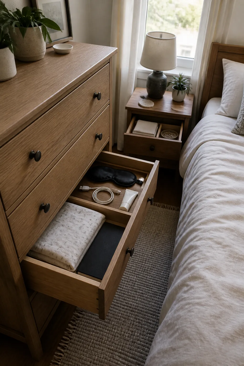 Bedroom dresser and nightstand drawers organized for small home storage beyond clothing