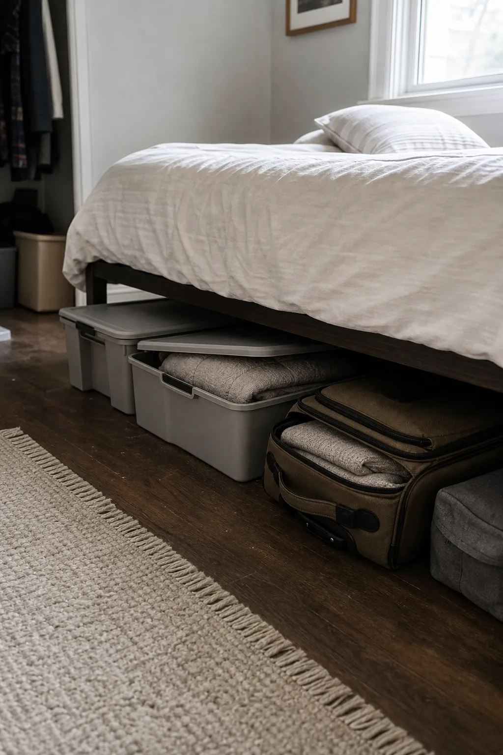 Under bed storage with shallow boxes and suitcases in a compact bedroom