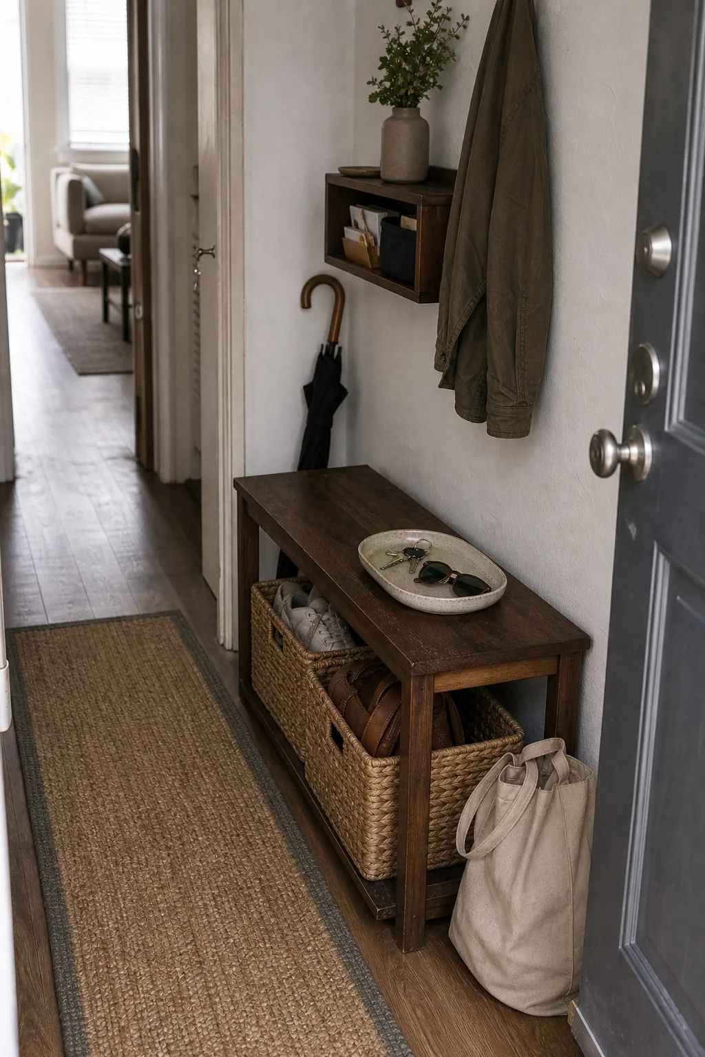 Small apartment entry bench with baskets and a tray to stop clutter near the door