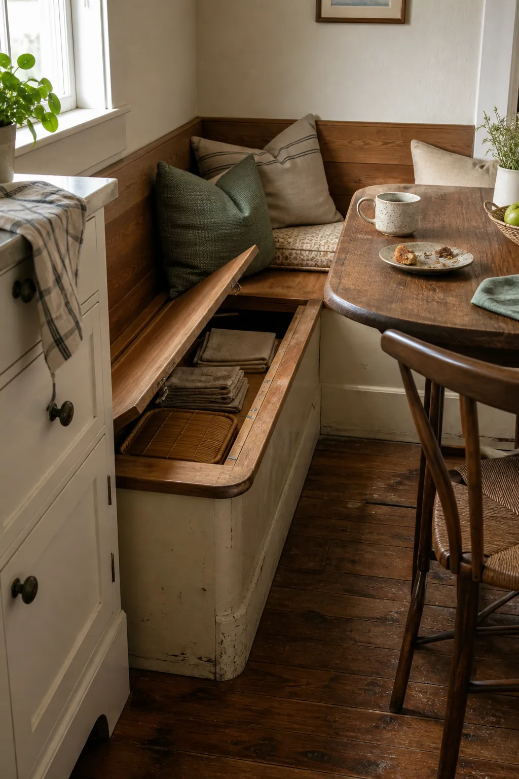 Built-in breakfast nook bench with hidden storage in a cozy kitchen corner