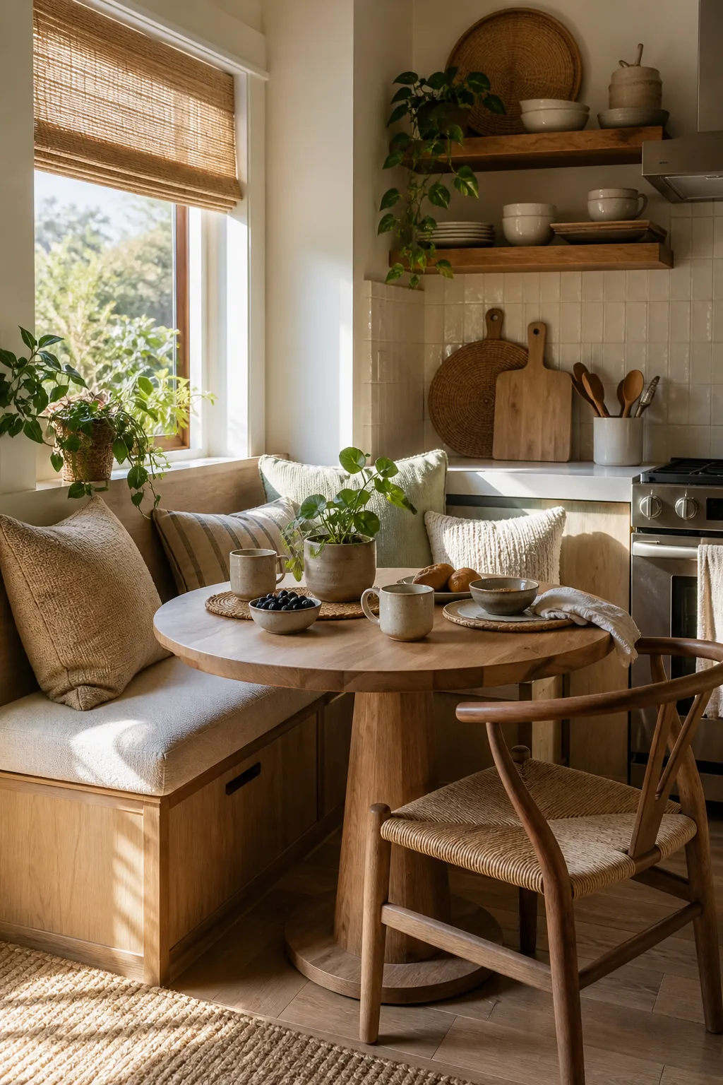 Cozy dining nook in a natural kitchen set for an everyday breakfast