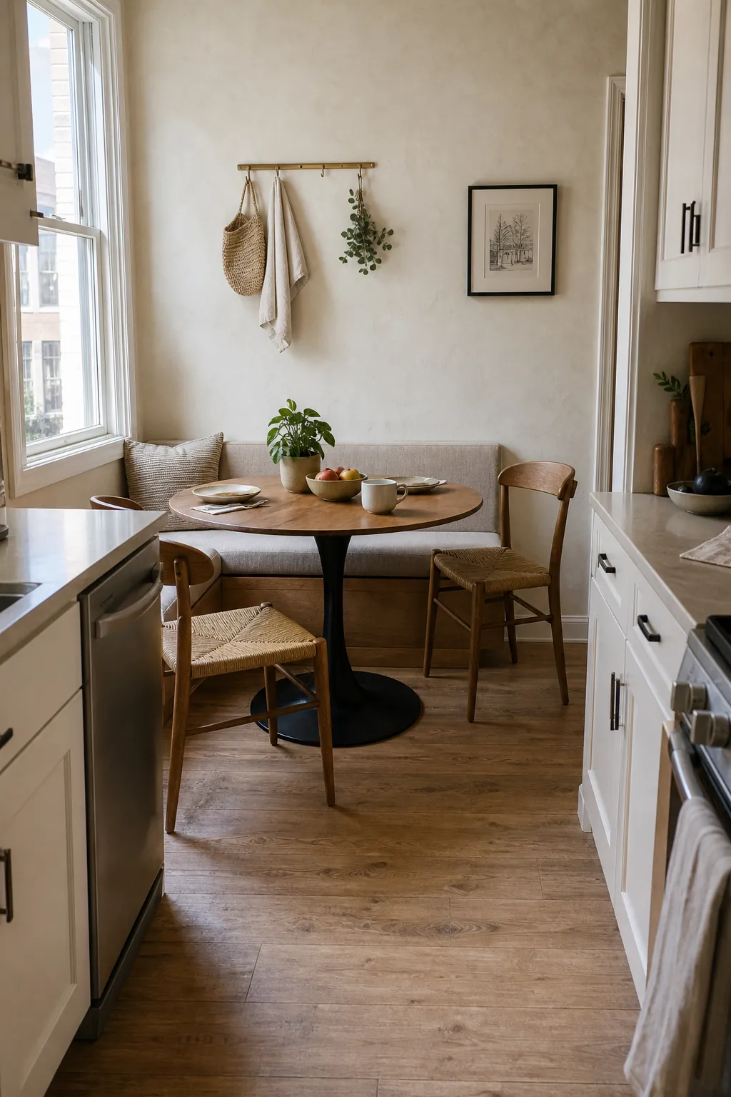 Small dining nook with a round pedestal table that keeps the kitchen walkway open
