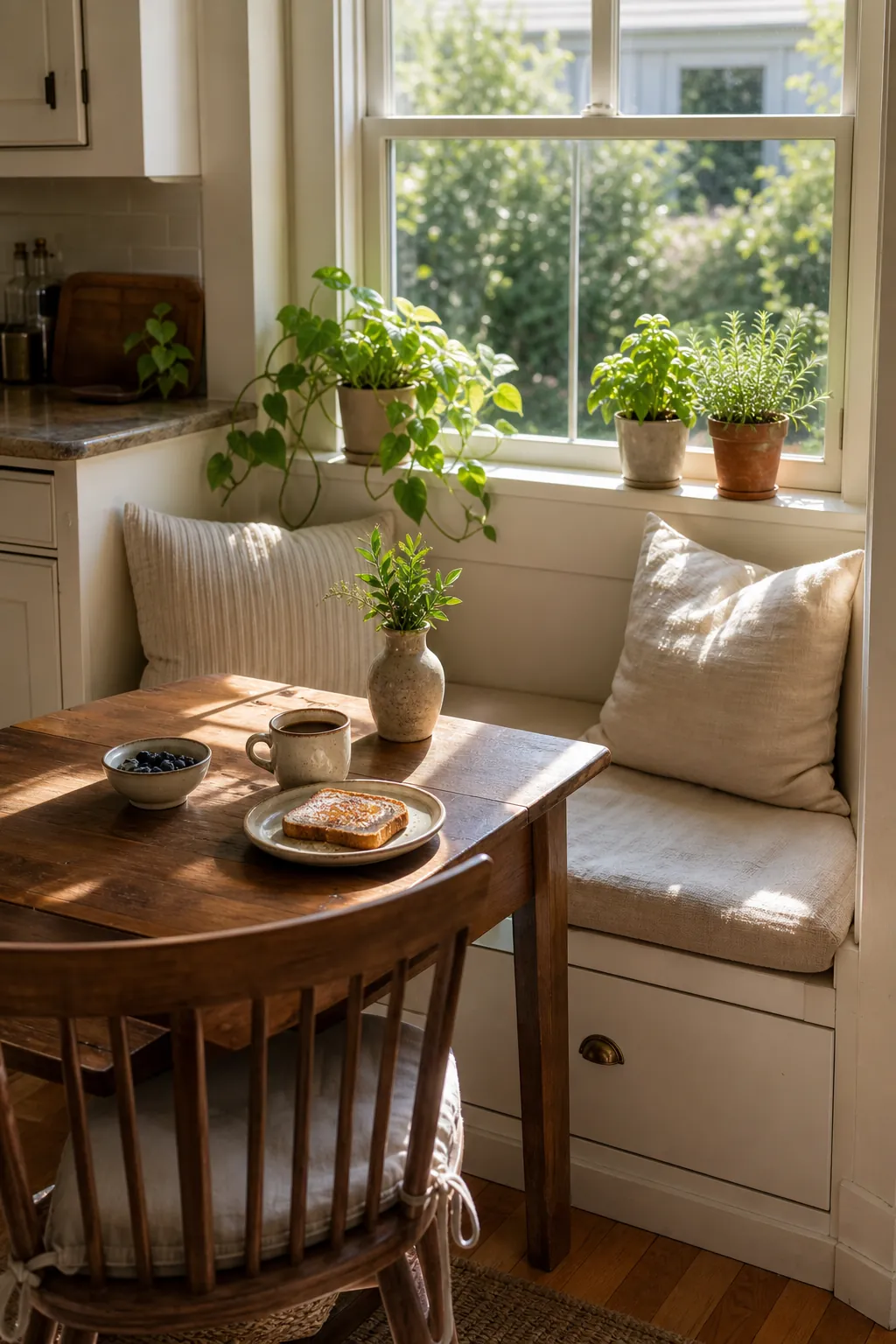 Window seat breakfast nook with linen cushions and natural morning light