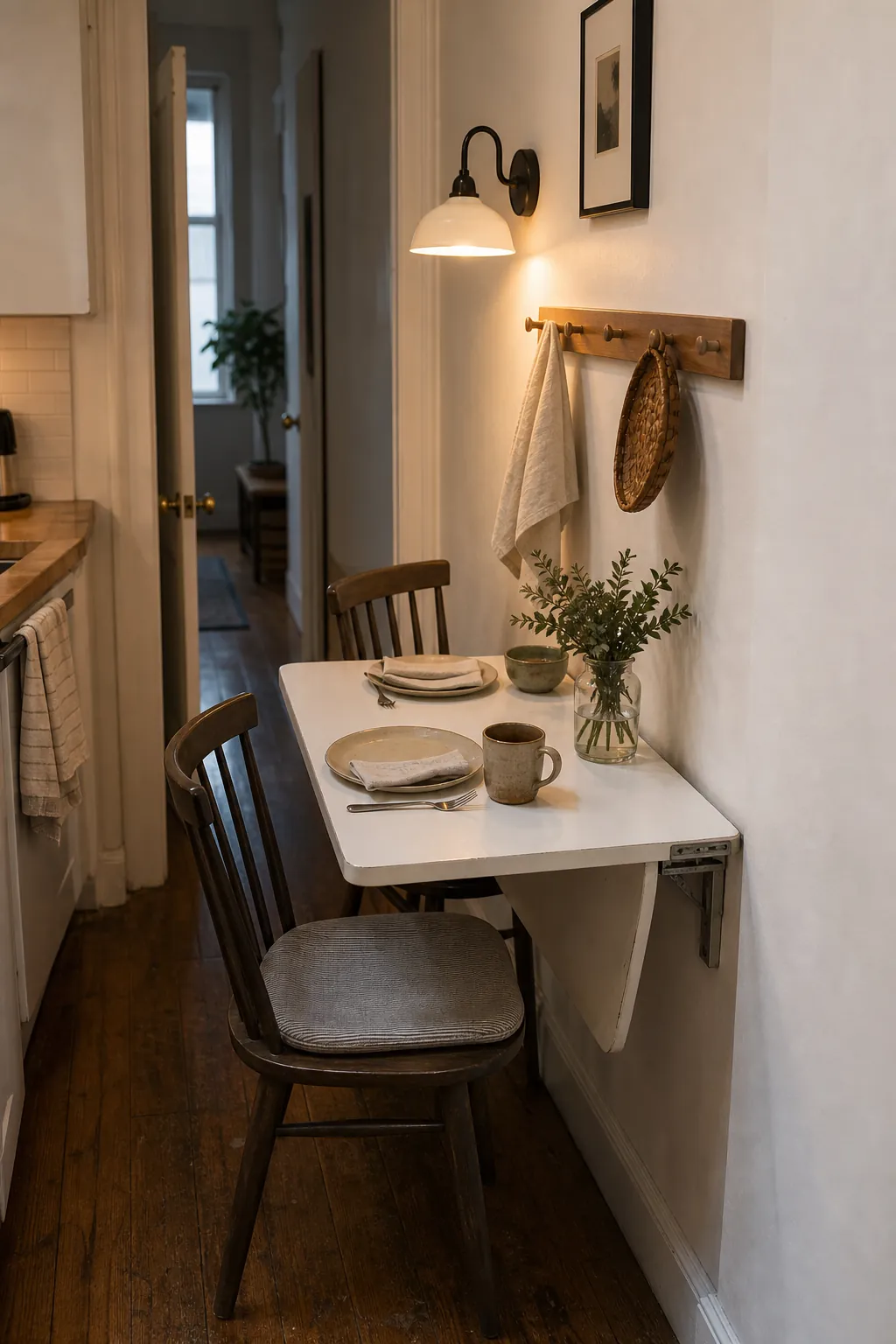 Narrow wall dining nook with a drop-leaf table and compact chairs in a small kitchen