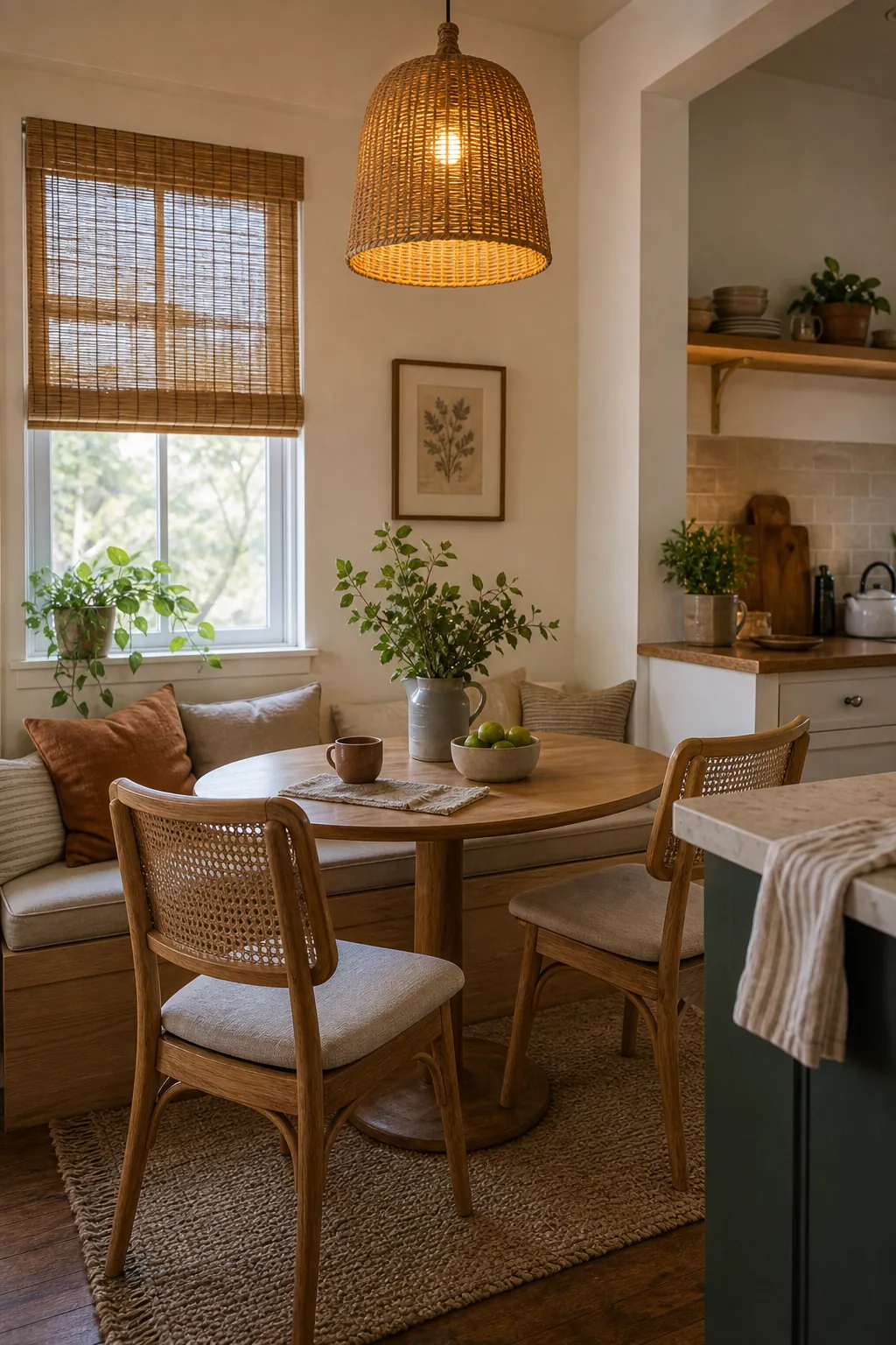 Boho kitchen dining nook with woven pendant bamboo shades and natural textures