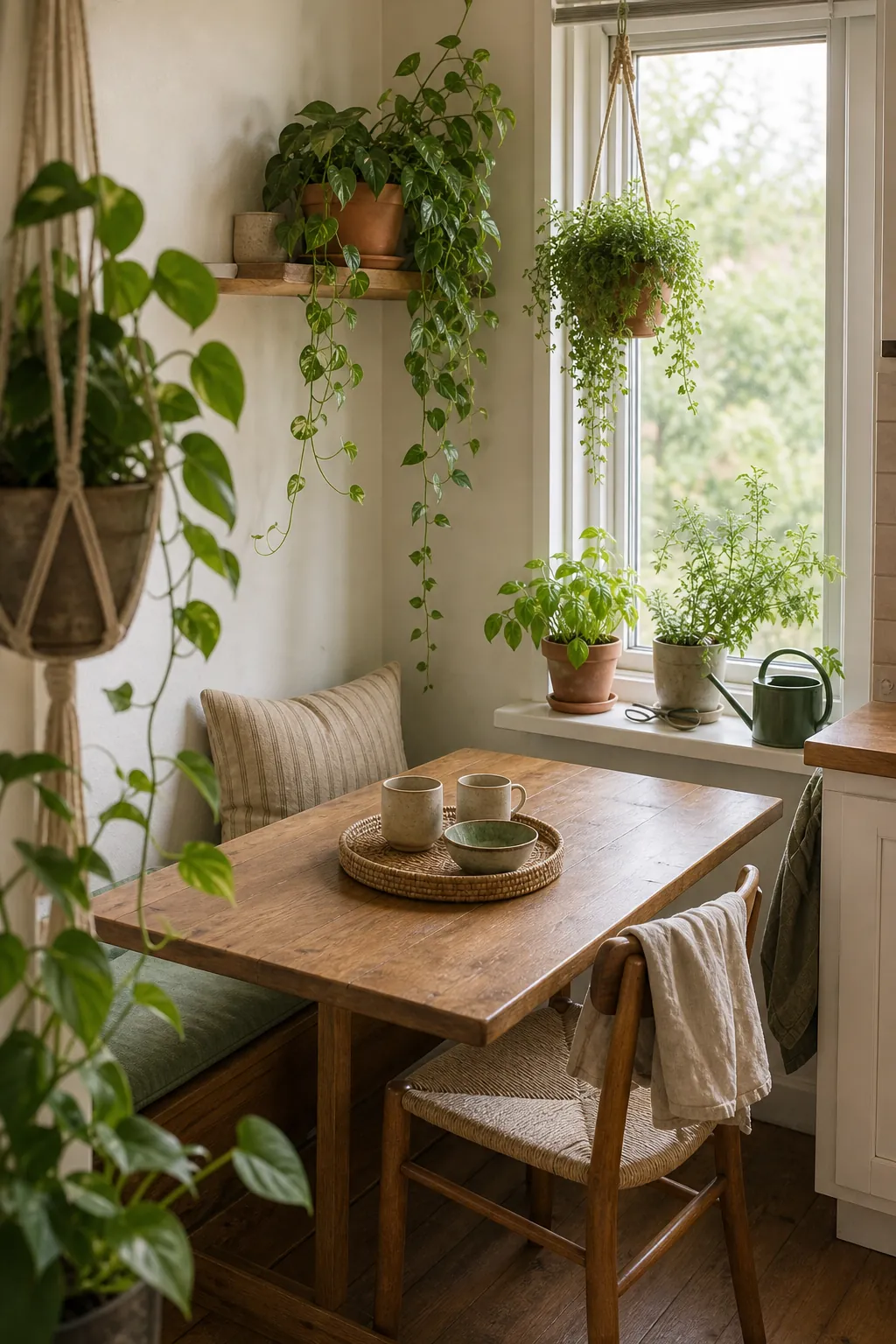 Natural kitchen dining nook with hanging plants herbs and warm wood accents