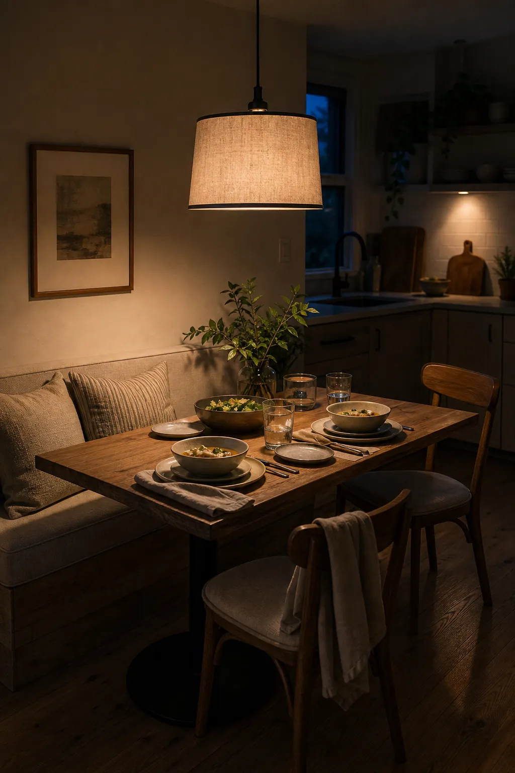 Cozy dining nook with soft pendant lighting for an everyday evening meal space