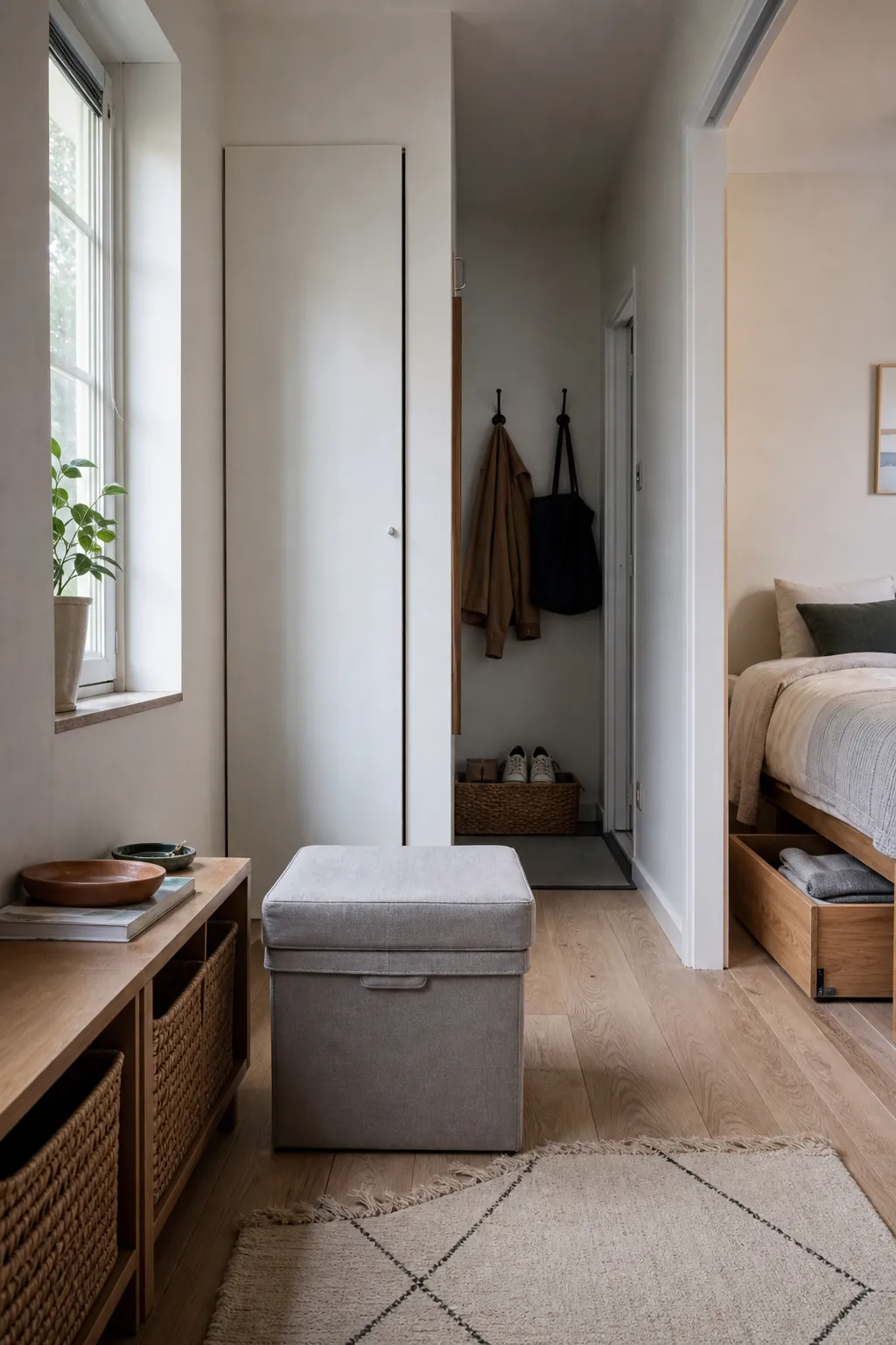 Simple storage system for a small home with organized zones and natural materials