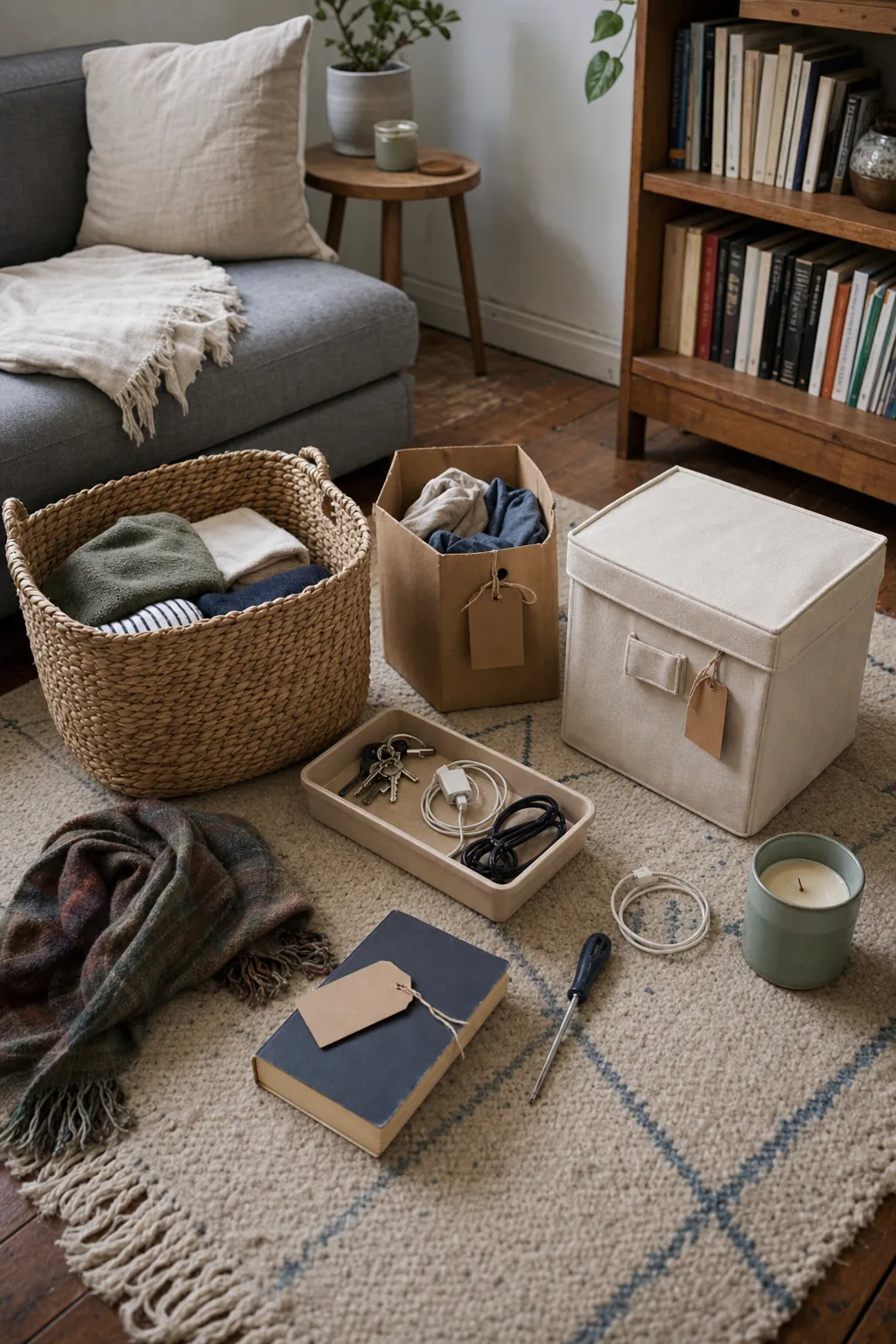 Small home storage reset with sorted baskets on a compact living room floor