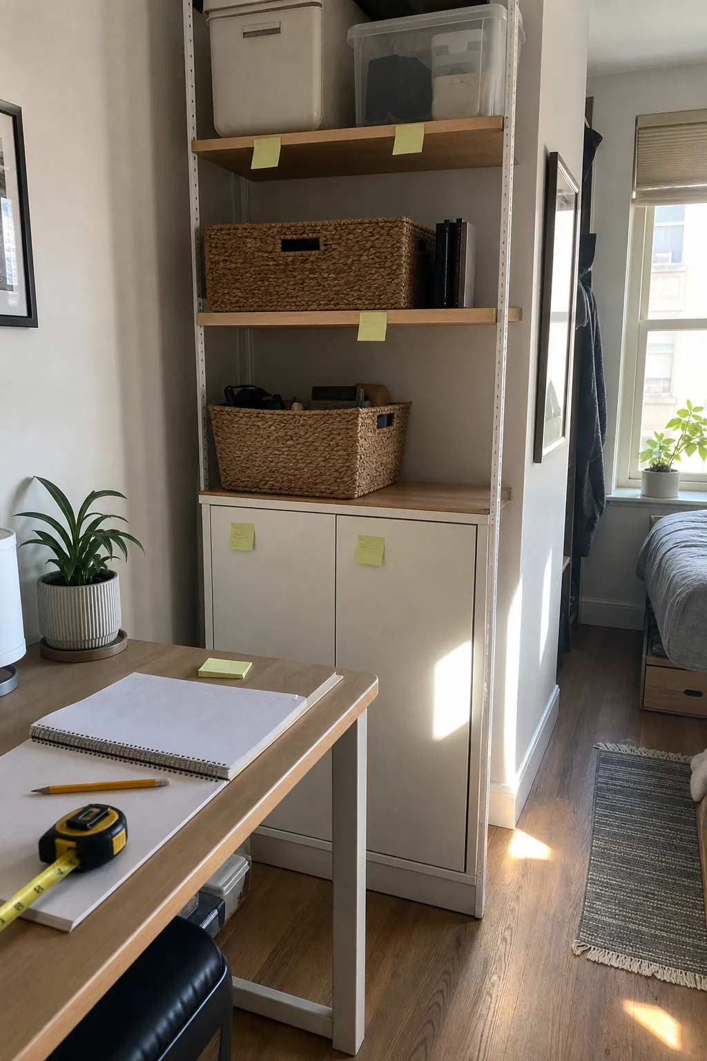 Small home storage zone map with labeled baskets and shelves in a compact apartment