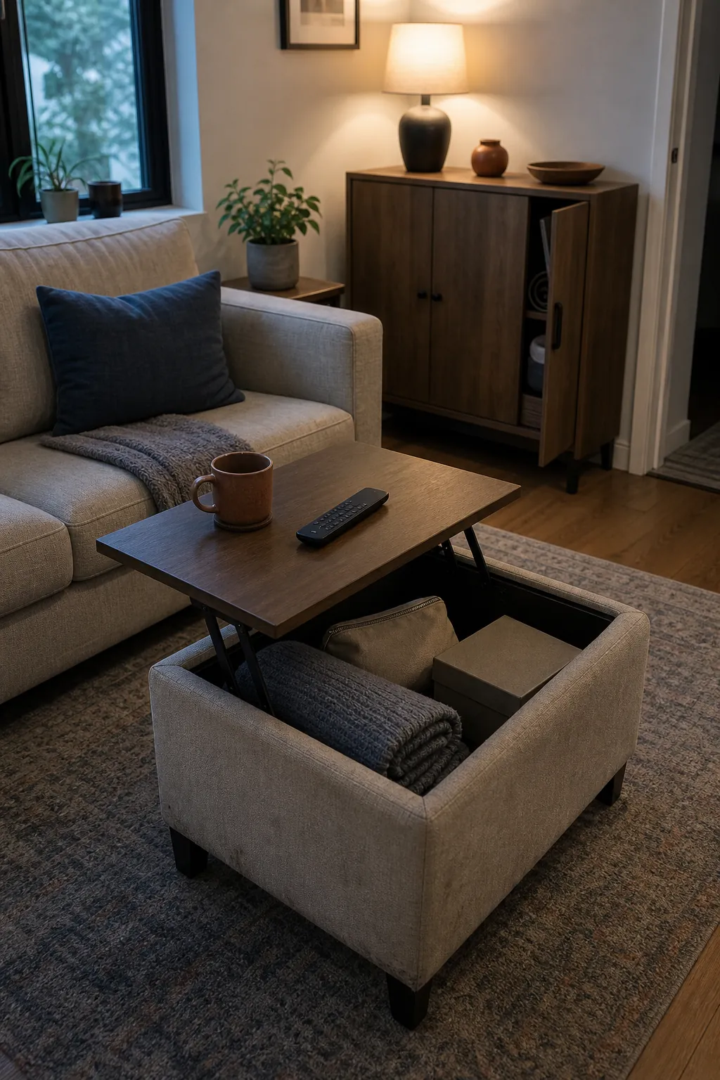 Small living room with lift top ottoman storage and slim closed cabinet