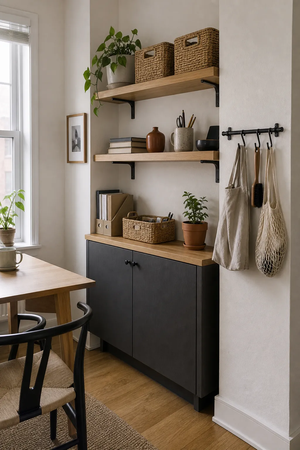 Quiet vertical storage with wood shelves woven baskets and closed lower cabinet in a small home