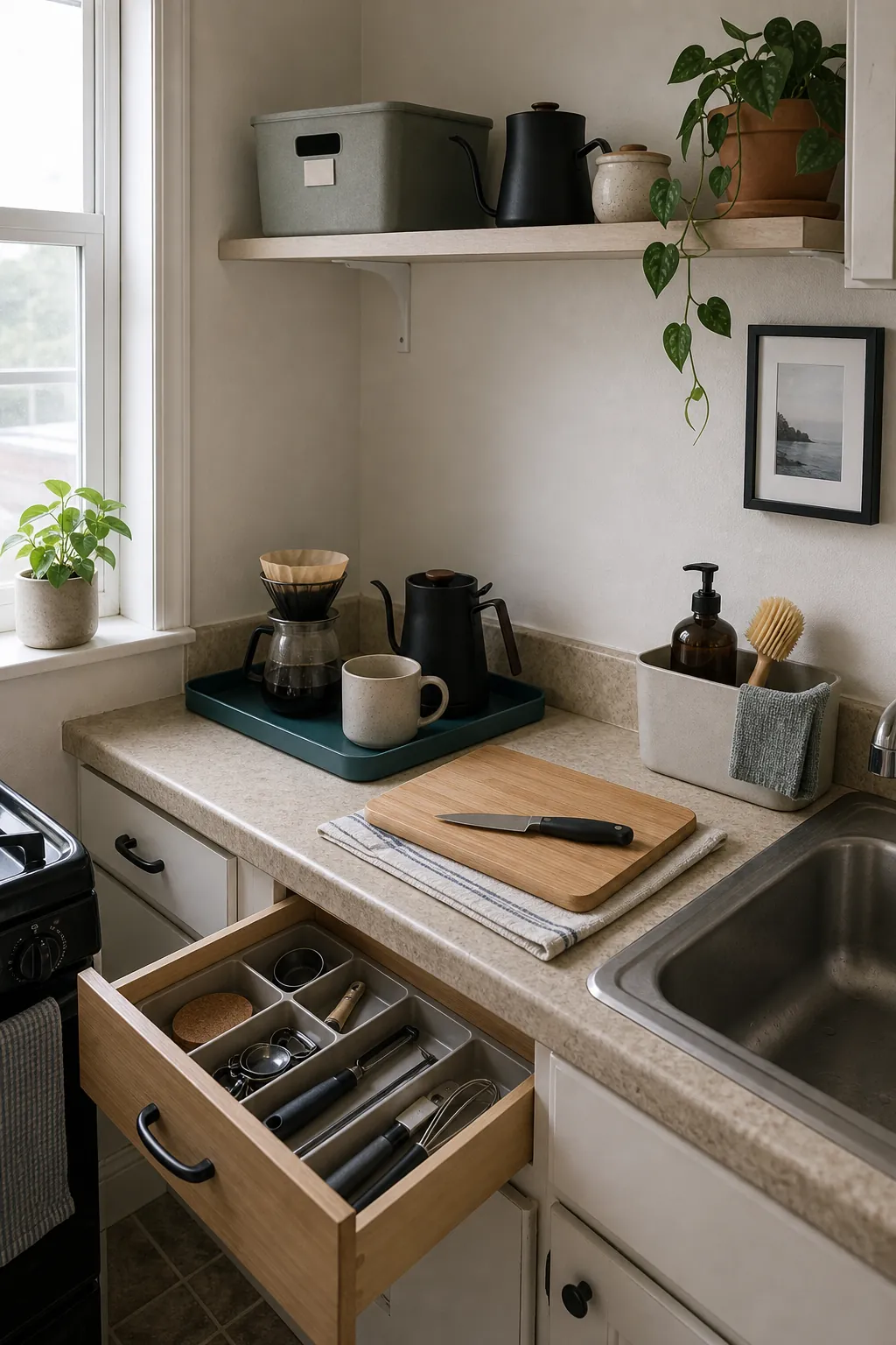 Small kitchen routine zones with trays drawer dividers and a backup bin