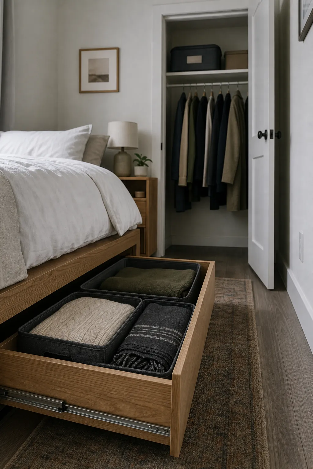 Under bed seasonal storage drawers with labeled bins in a small bedroom