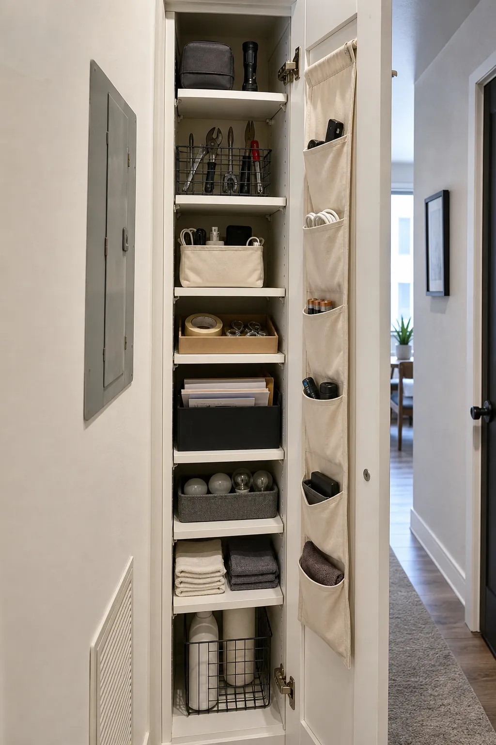 Slim utility storage zone with labeled pouches tools batteries and cleaning refills