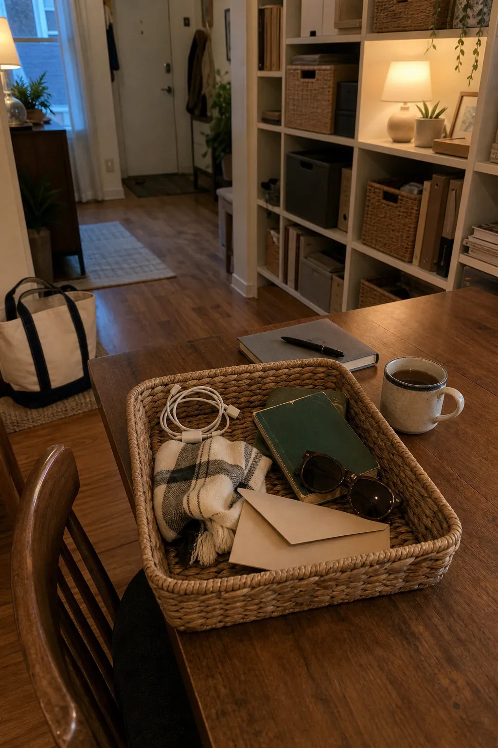 Weekly clutter control reset basket on a small apartment table with organized shelves behind