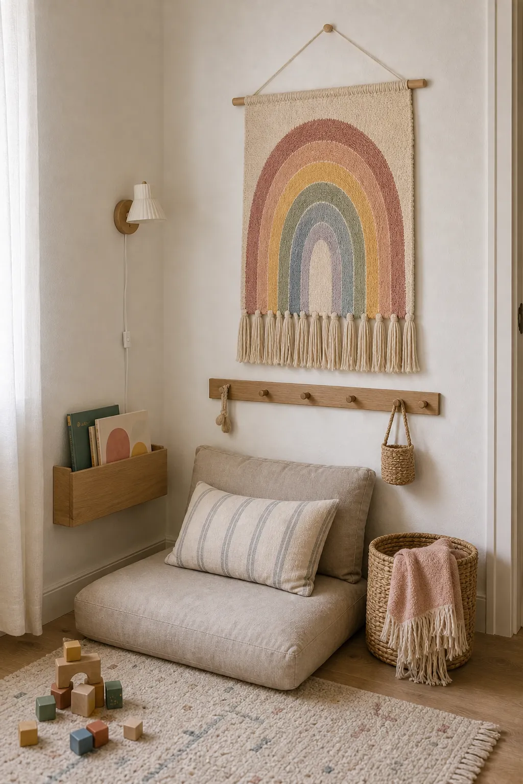 Kids bedroom reading nook with one rainbow wall hanging as the focal point
