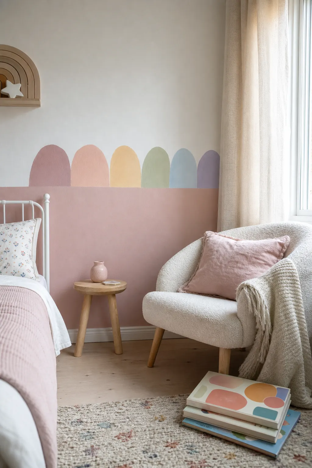 Soft rainbow kids bedroom palette with gentle colors