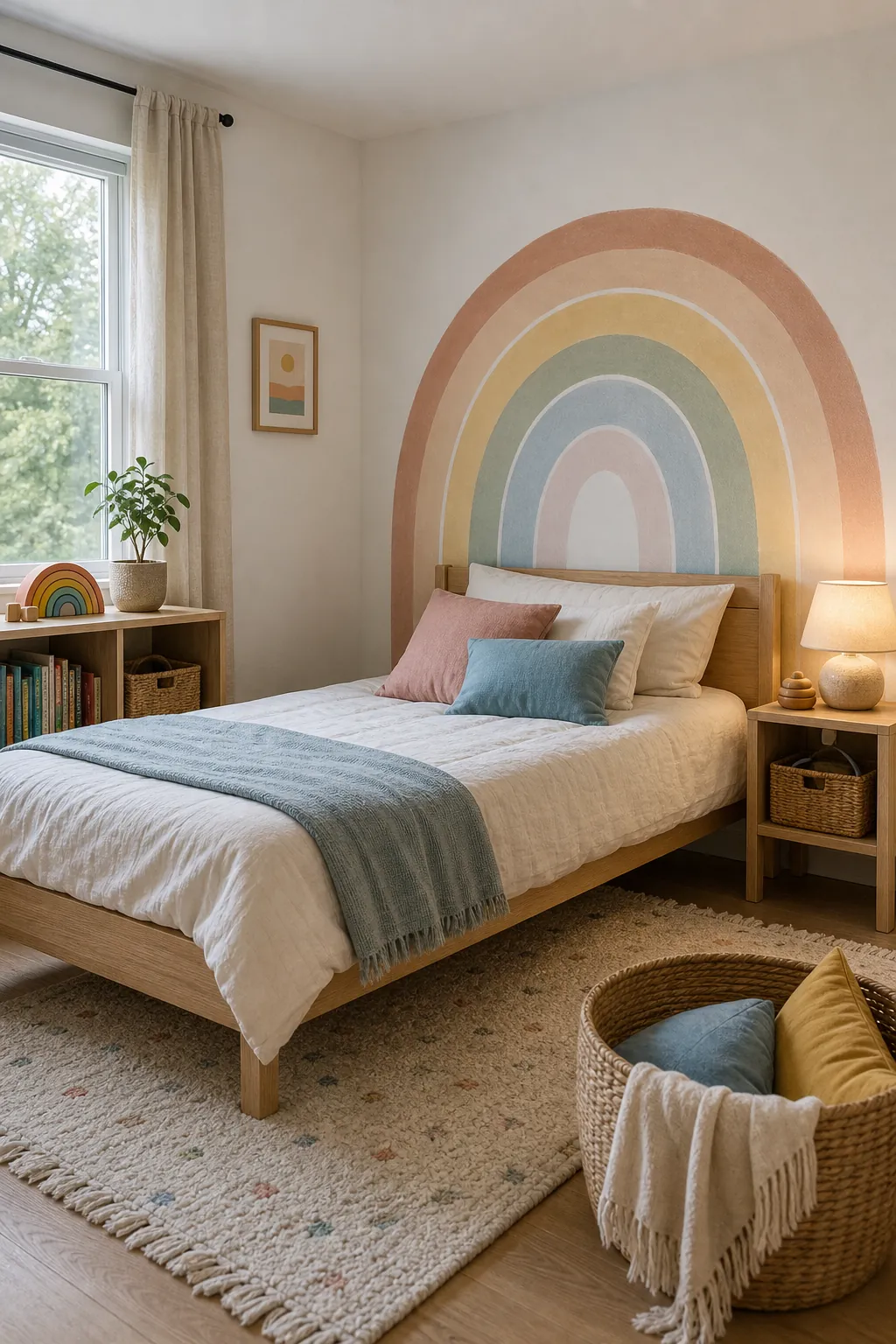 Balanced rainbow kids bedroom with soft colors and natural decor