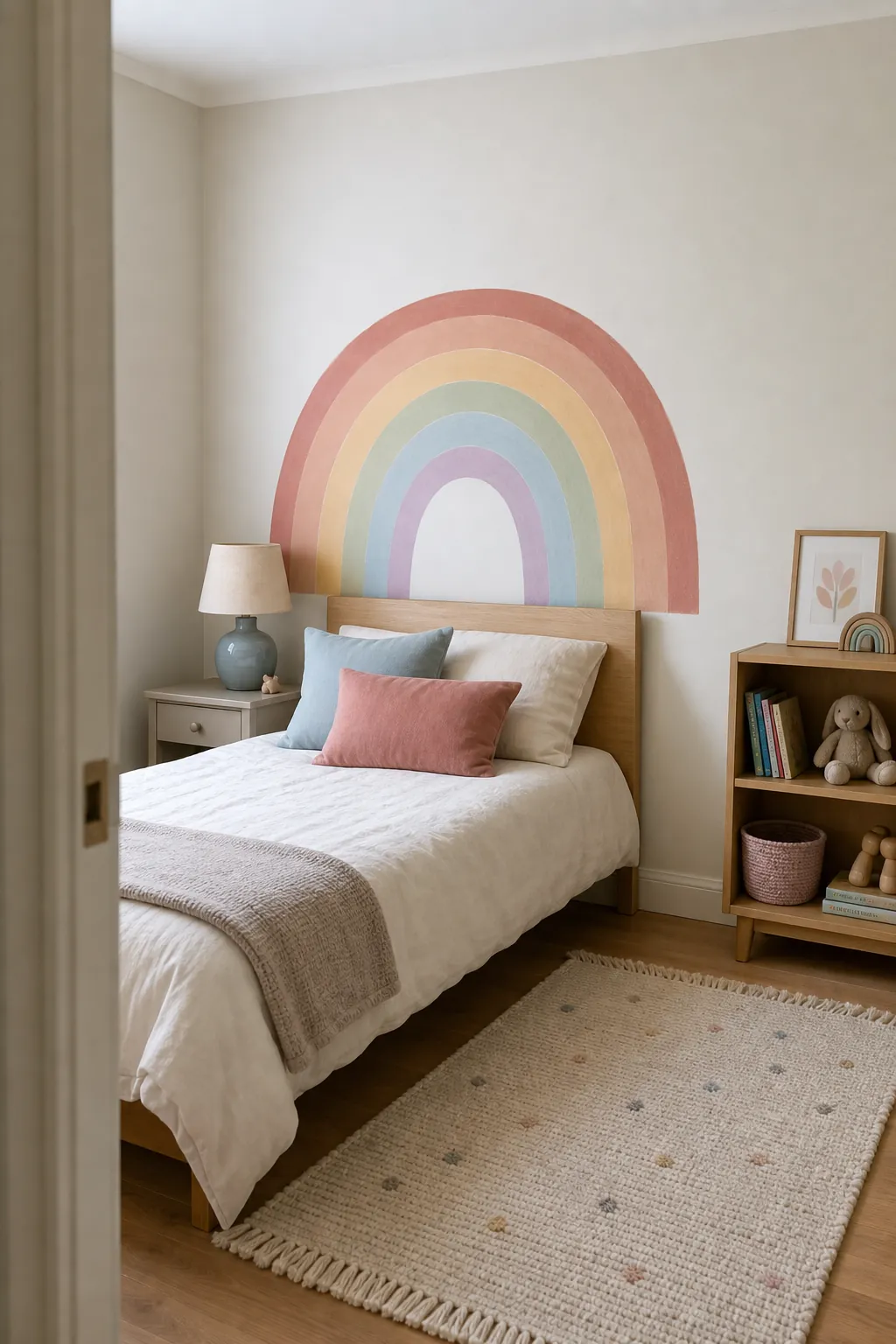 Rainbow kids room with a muted mural and calm bedroom styling