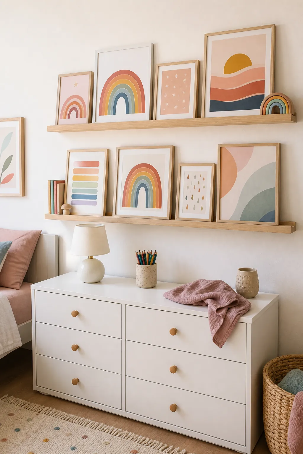 Rainbow wall decor on picture ledges in a tidy kids bedroom