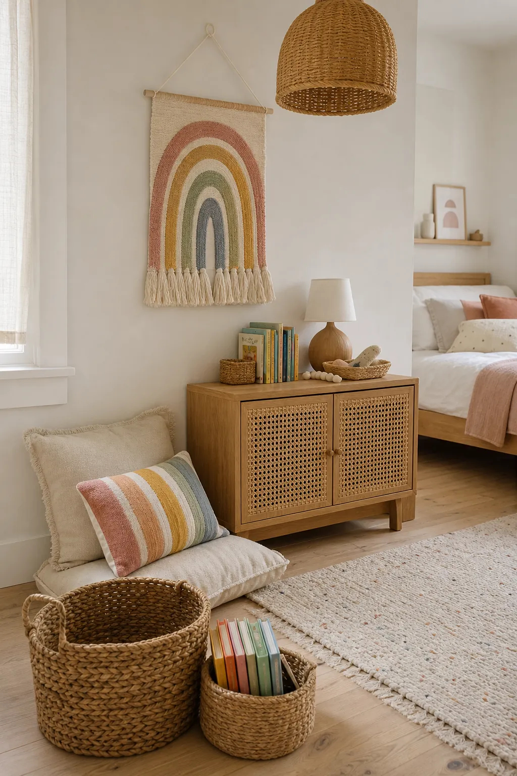 Colorful kids room with wood furniture woven baskets and soft rainbow accents