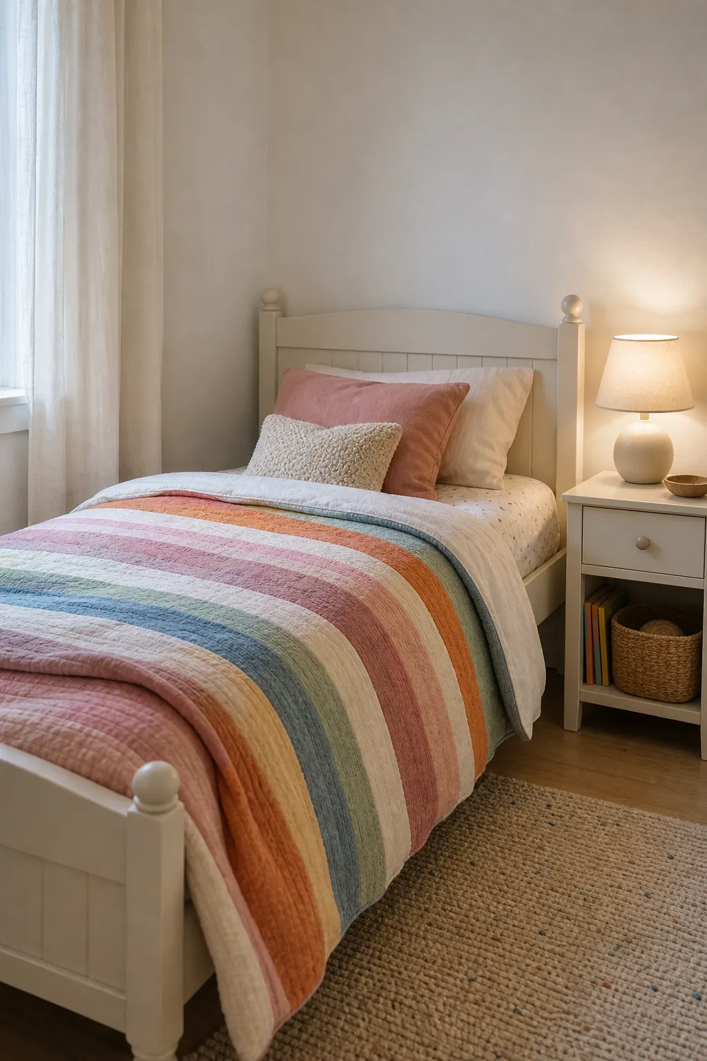 Neutral kids bedroom with colorful rainbow bedding as the main decor