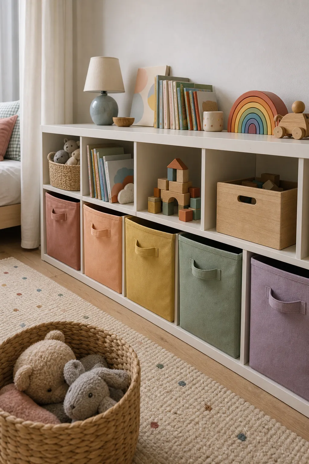 Organized rainbow toy storage that keeps kids room decor balanced