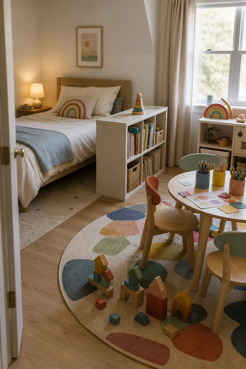 Kids bedroom with a calm sleep zone and brighter play corner