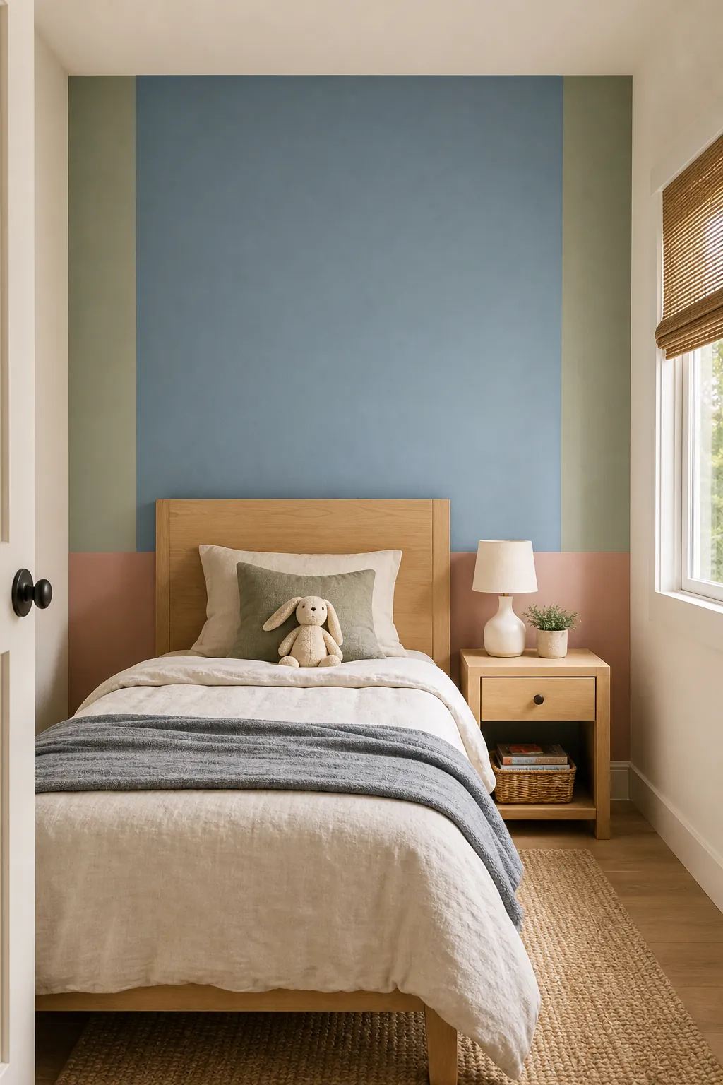Soft color blocked accent wall behind a child bed in a calm kids bedroom