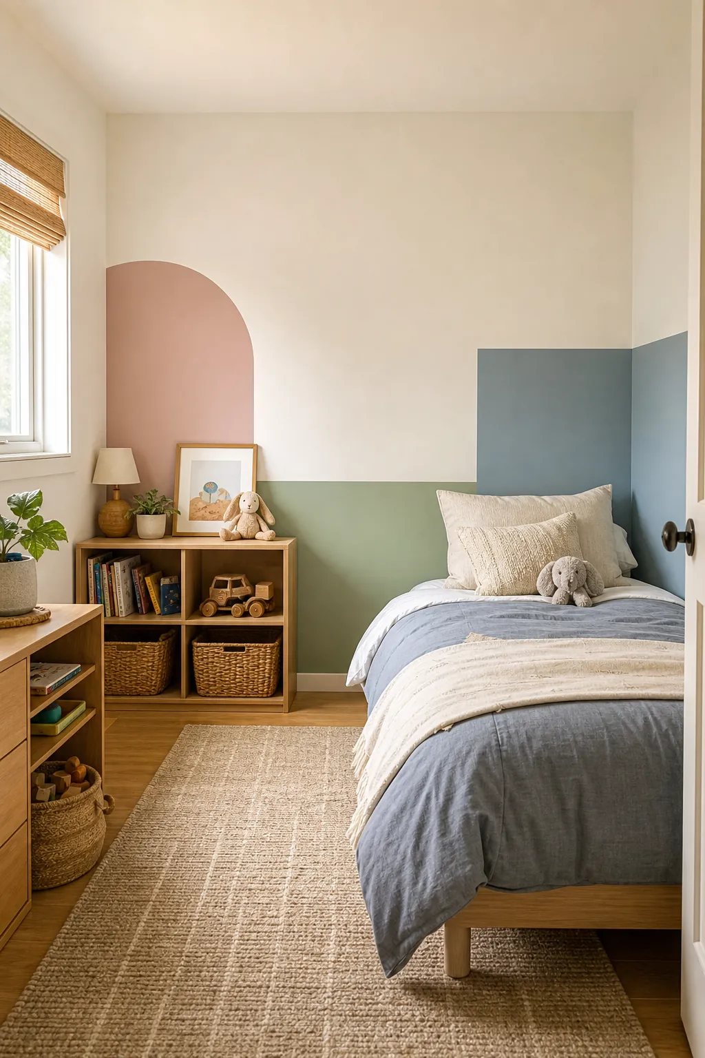 Kids bedroom with soft color blocking paint ideas in a calm playful style