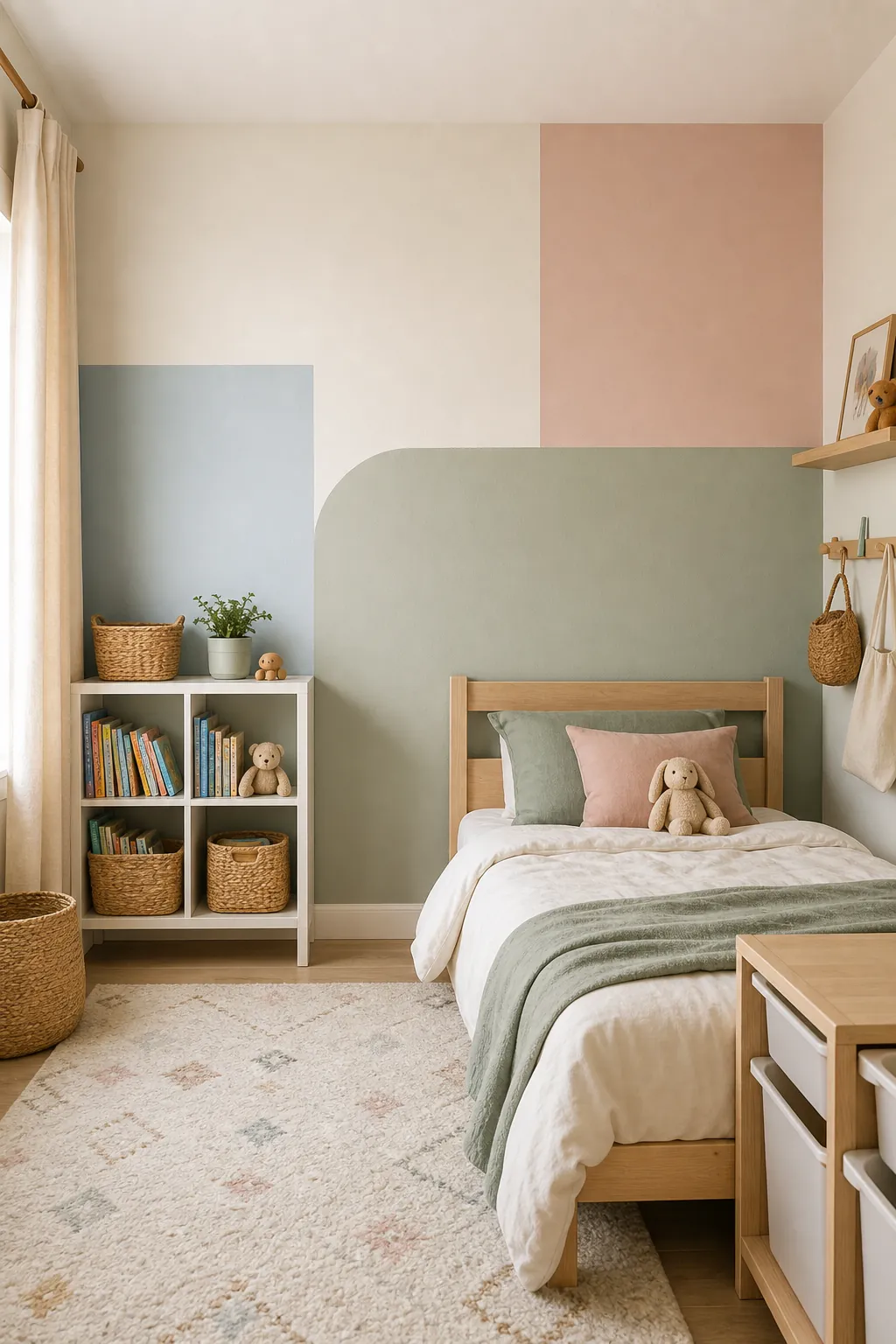 Kids bedroom with soft color blocking in muted green blush and warm white paint