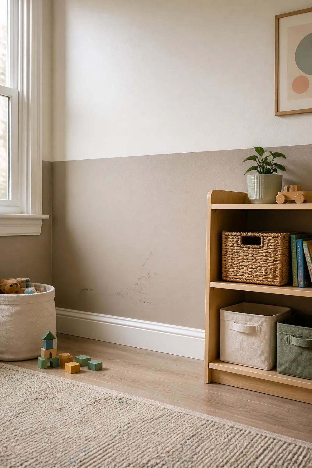 Kids room with a low soft color block painted base for a practical washable wall