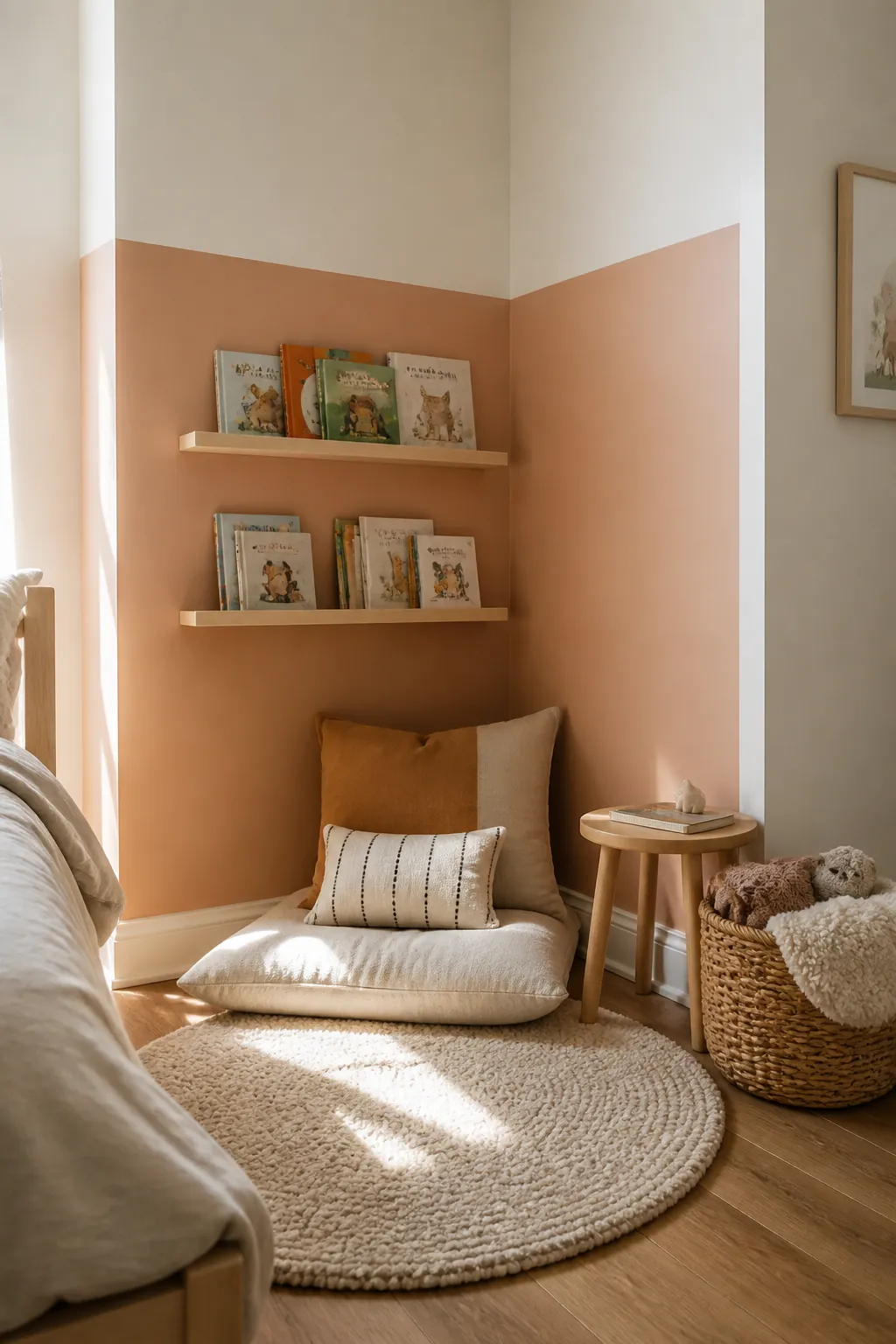 Soft color blocked reading and play corner in a kids bedroom with gentle paint zones