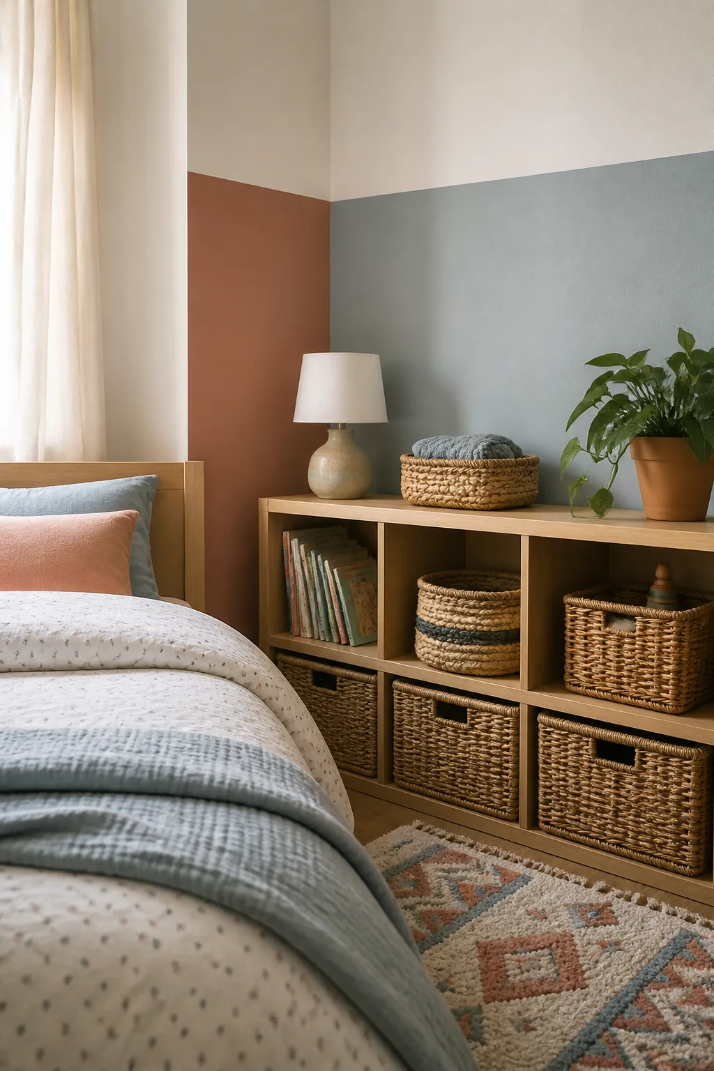 Kids room decor palette with bedding rug storage and soft wall paint color blocking