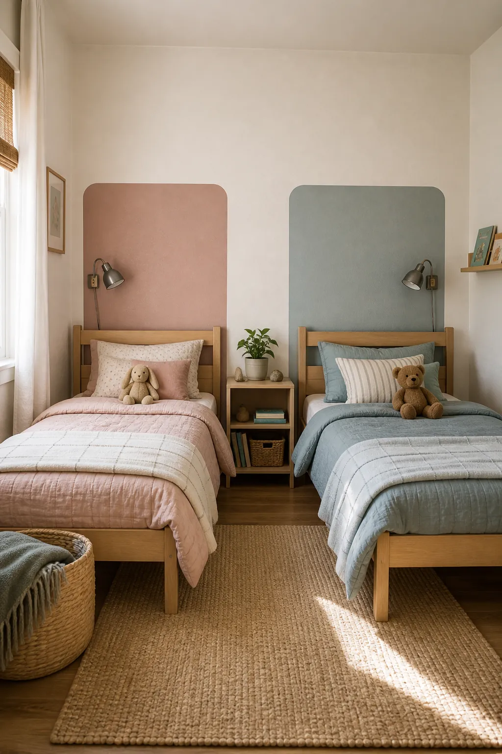 Shared kids bedroom with two soft color blocked wall zones behind twin beds