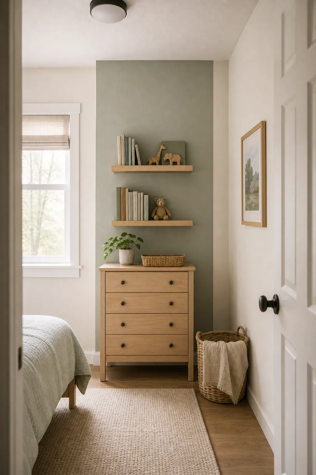 Small kids bedroom with vertical soft color blocking that makes the room feel taller
