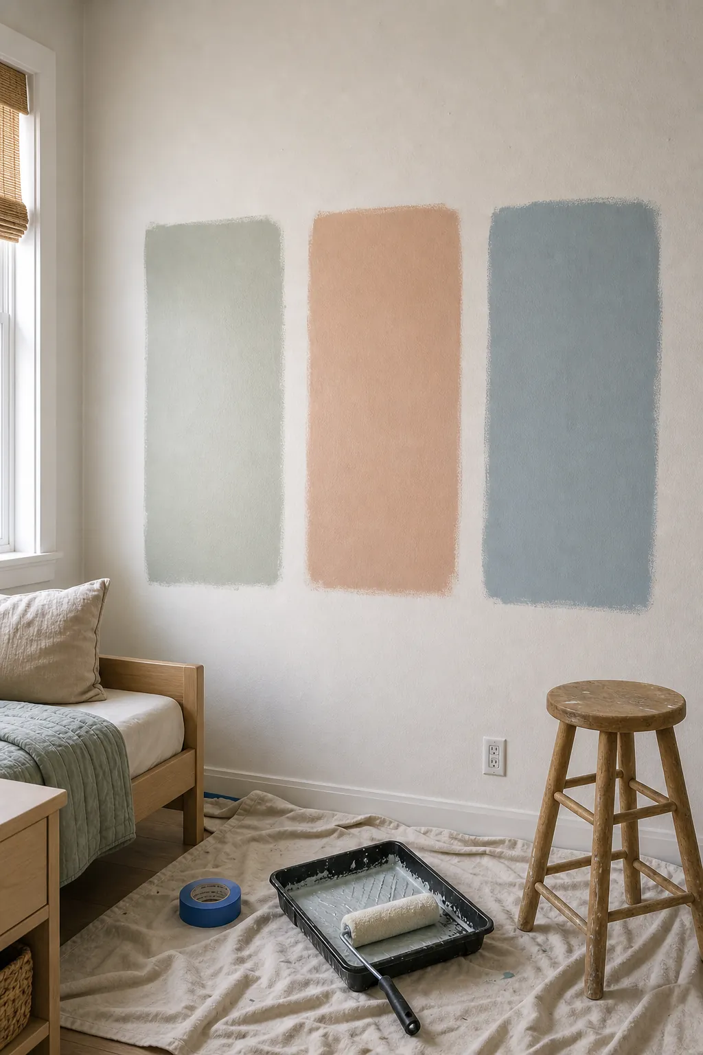Large soft paint samples tested on a kids bedroom wall before color blocking