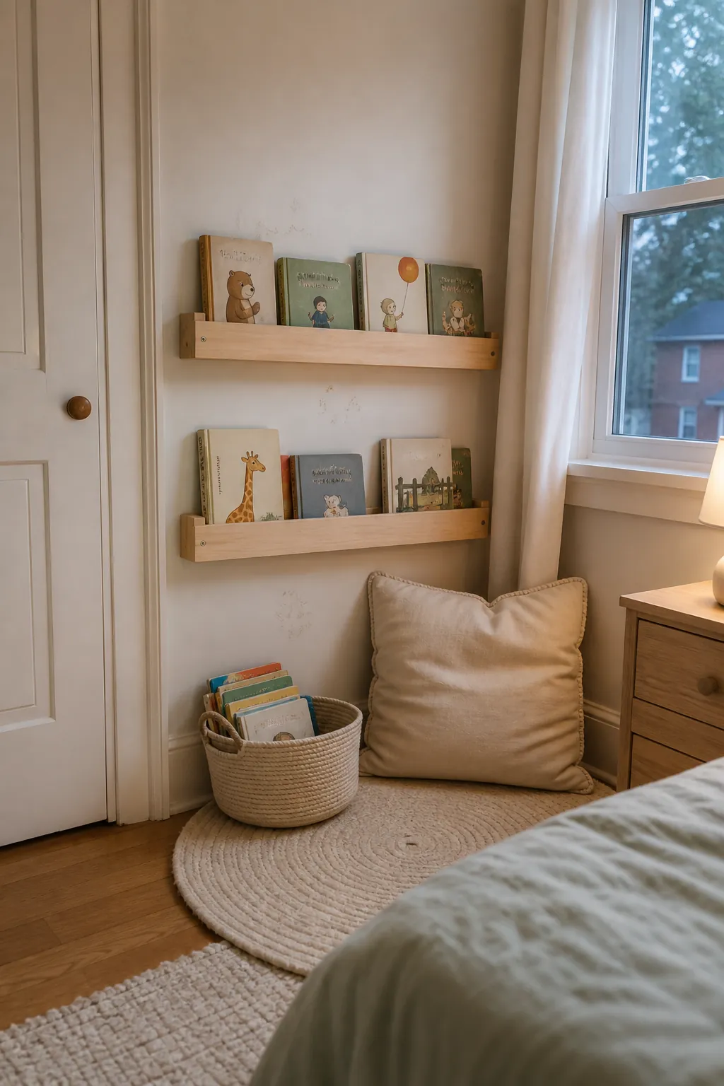 Low toddler reading wall with front-facing books, soft cushion, and practical decor