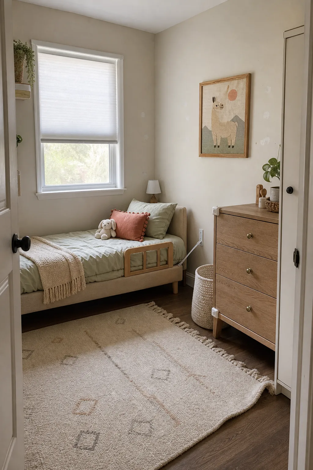 Safe toddler room wall plan with anchored furniture, cordless window covering, and calm practical decor