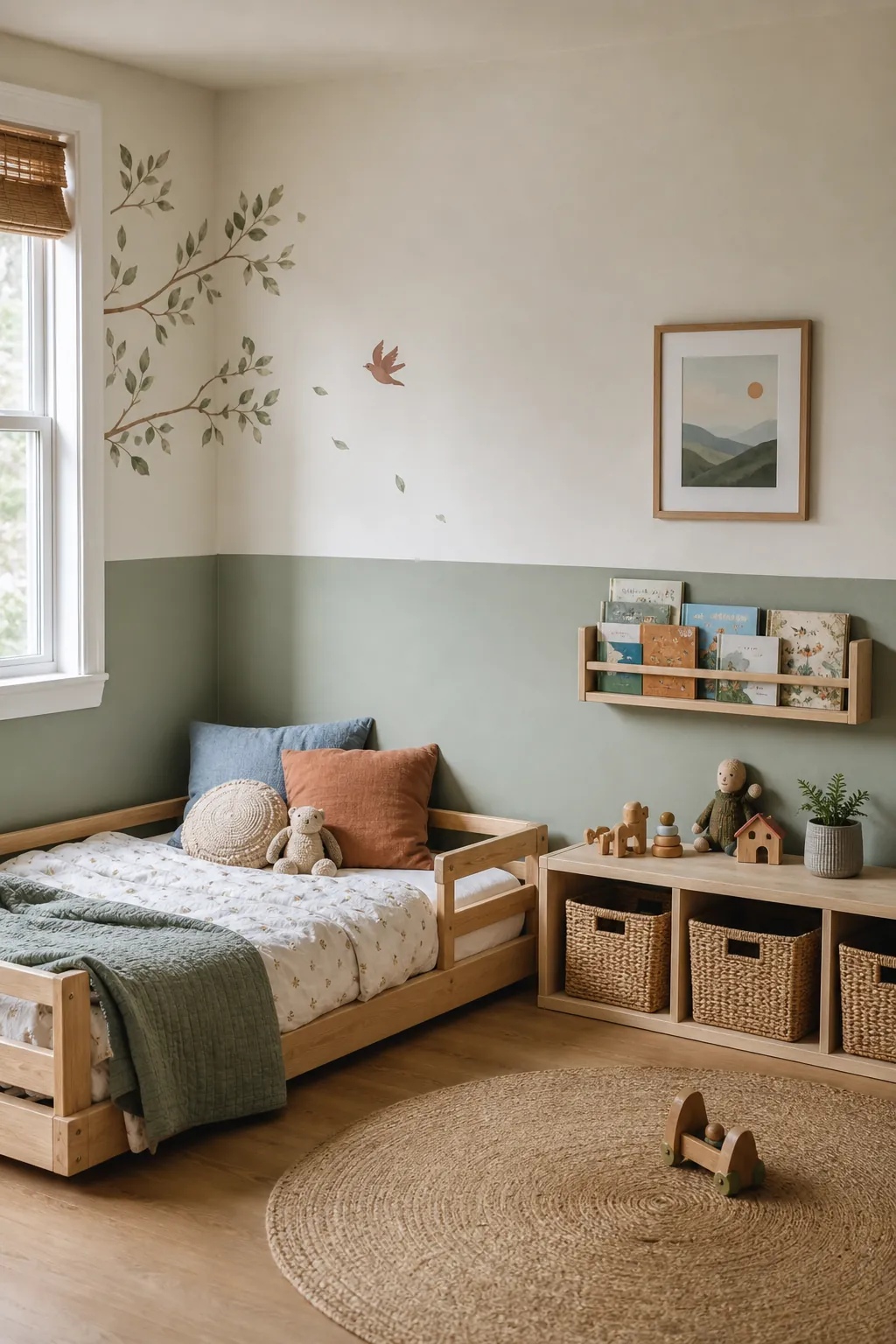 Cute practical toddler room wall decor with shelves, toy storage, and calm bedroom styling