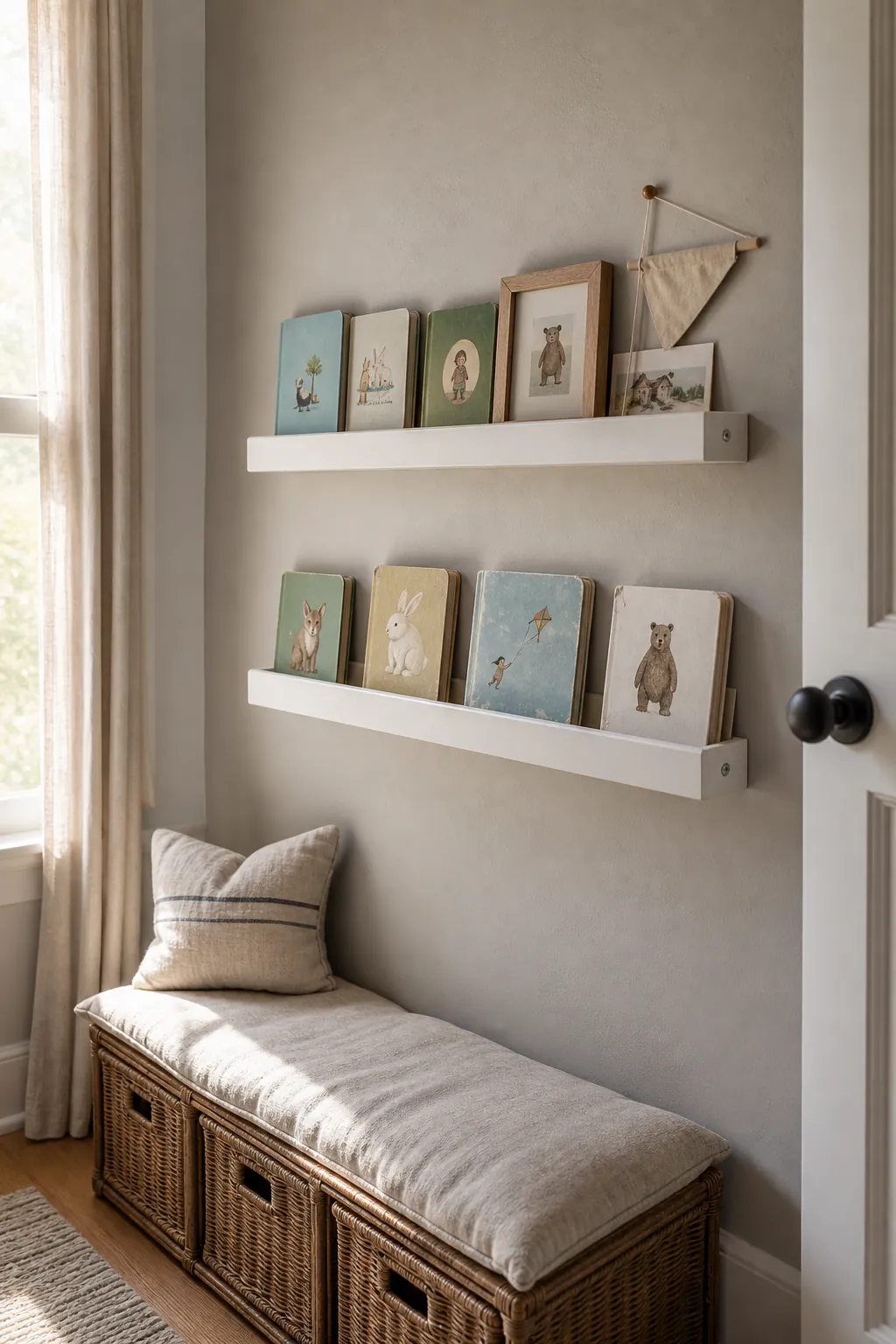 Toddler wall decor using picture ledges for books, small art, and practical bedroom styling