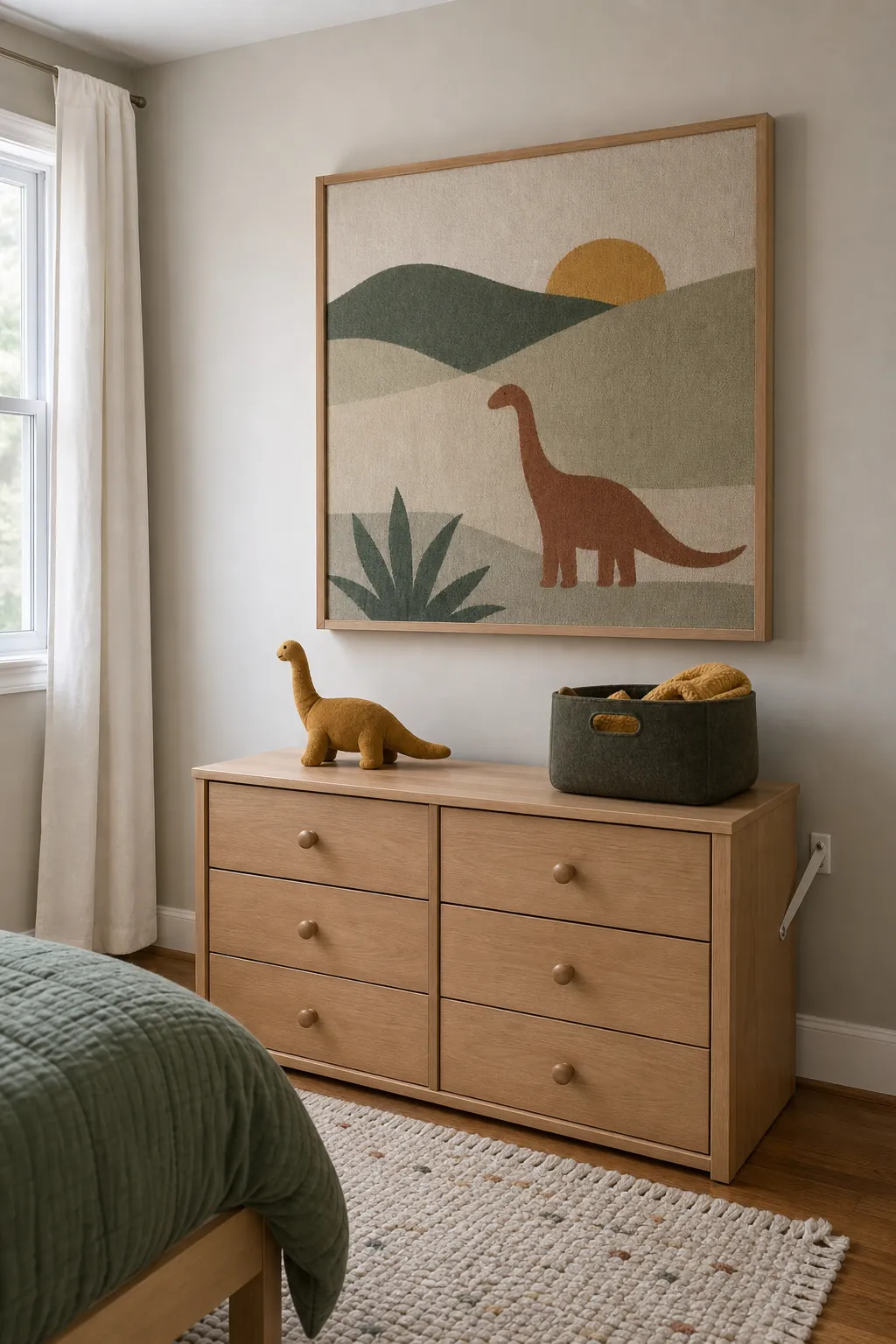 Large framed toddler wall art above a low dresser with safe uncluttered styling
