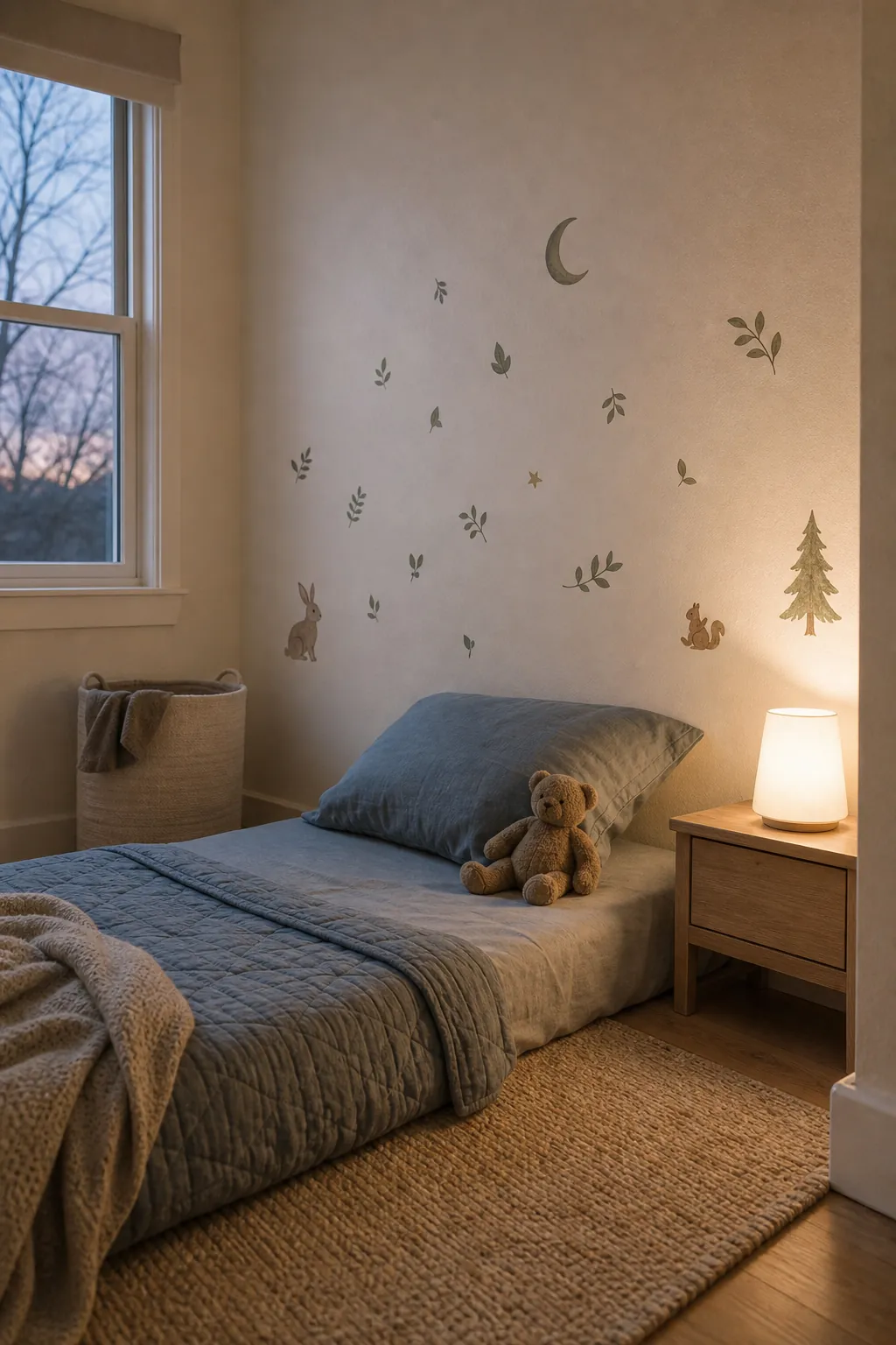Soft removable toddler wall decals around a low bed for calm cute room decor