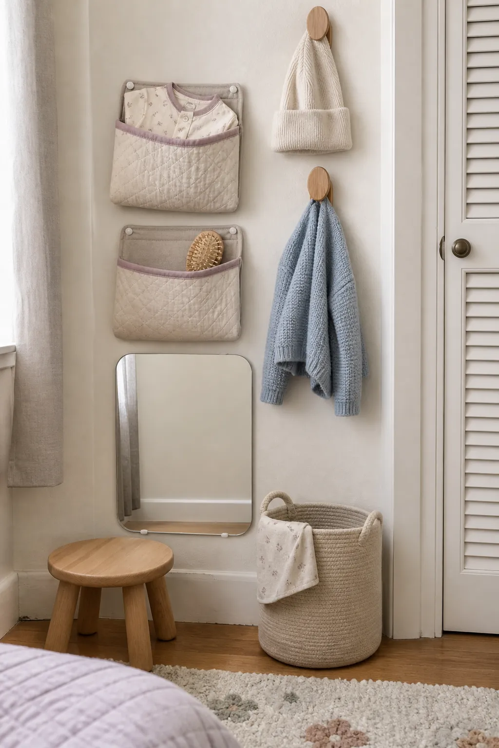 Soft practical toddler wall decor with fabric pockets, hooks, and shatterproof mirror