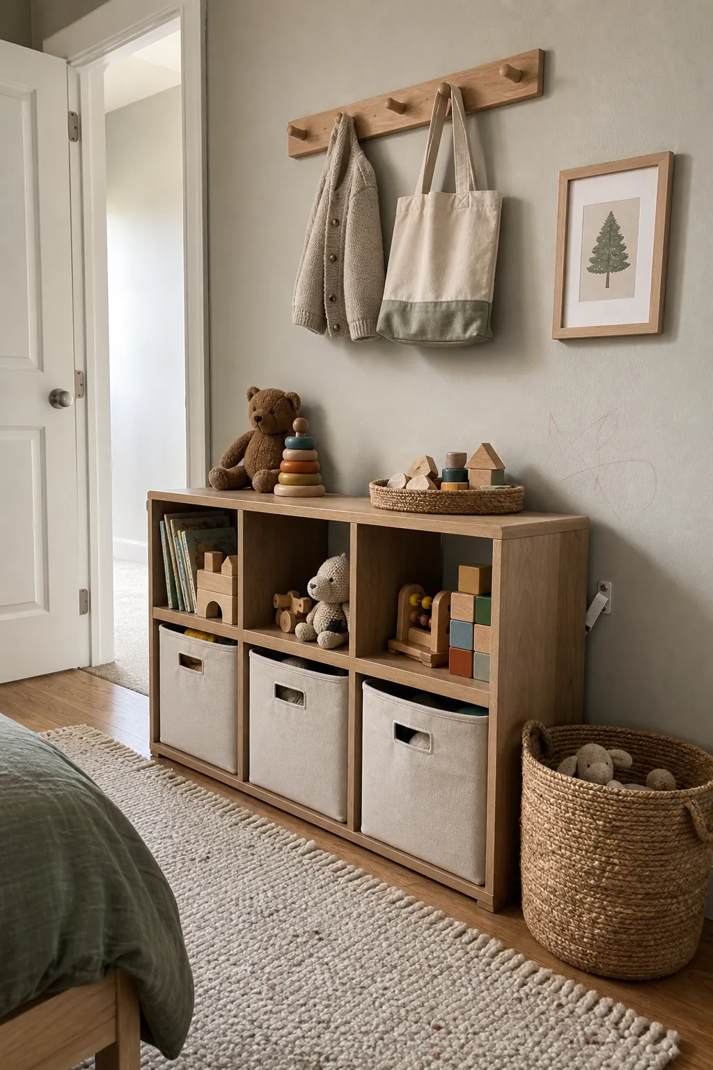 Kids bedroom toy storage wall with low cubbies, baskets, and cute practical decor