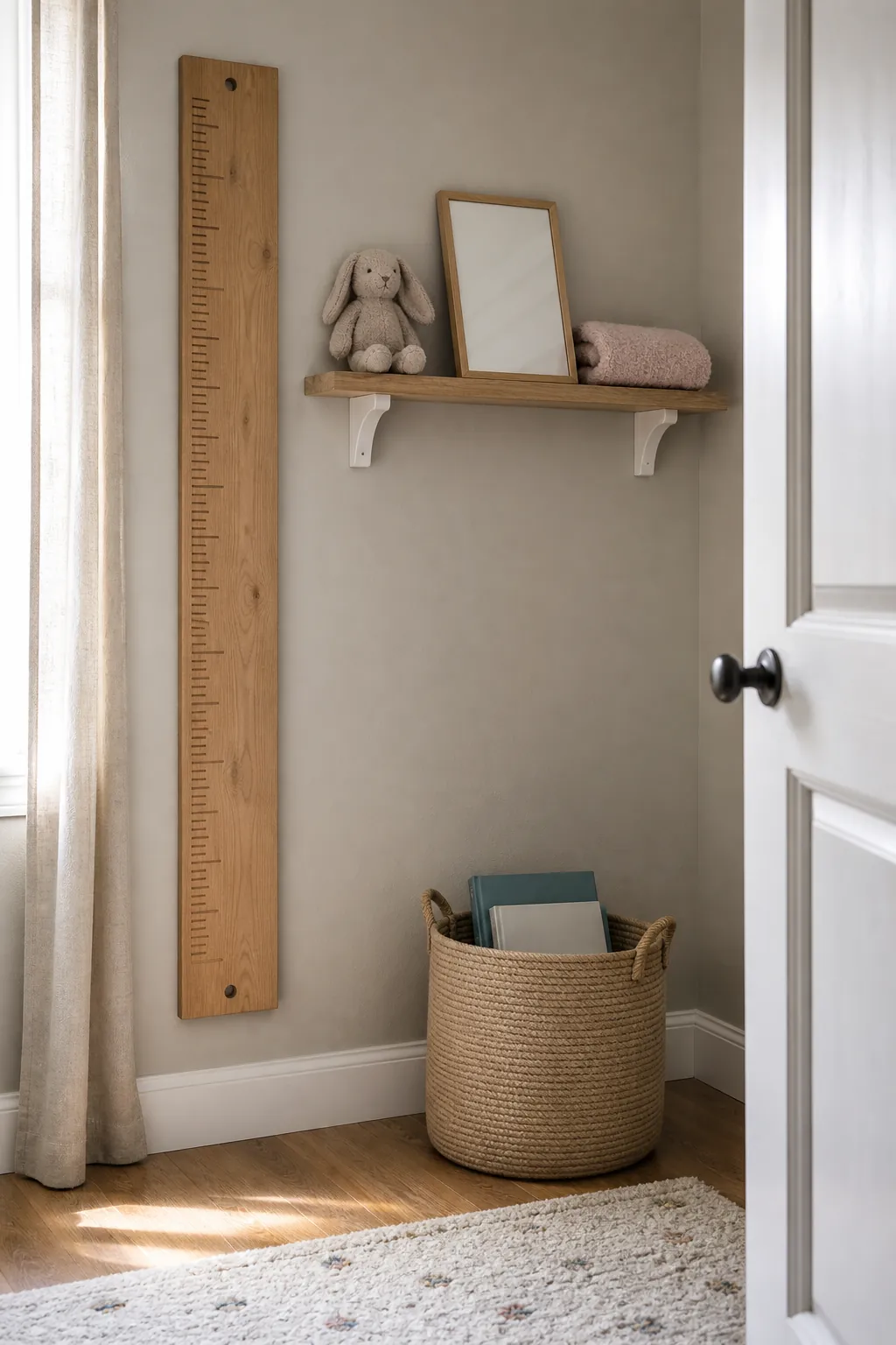 Nursery decor updated for a toddler room with growth chart and edited keepsake shelf