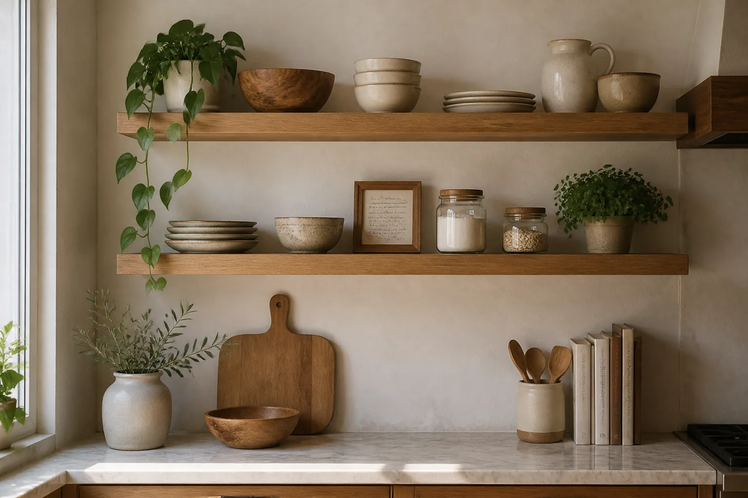 Open kitchen shelves styled with wood bowls, neutral ceramics, and simple plant decor