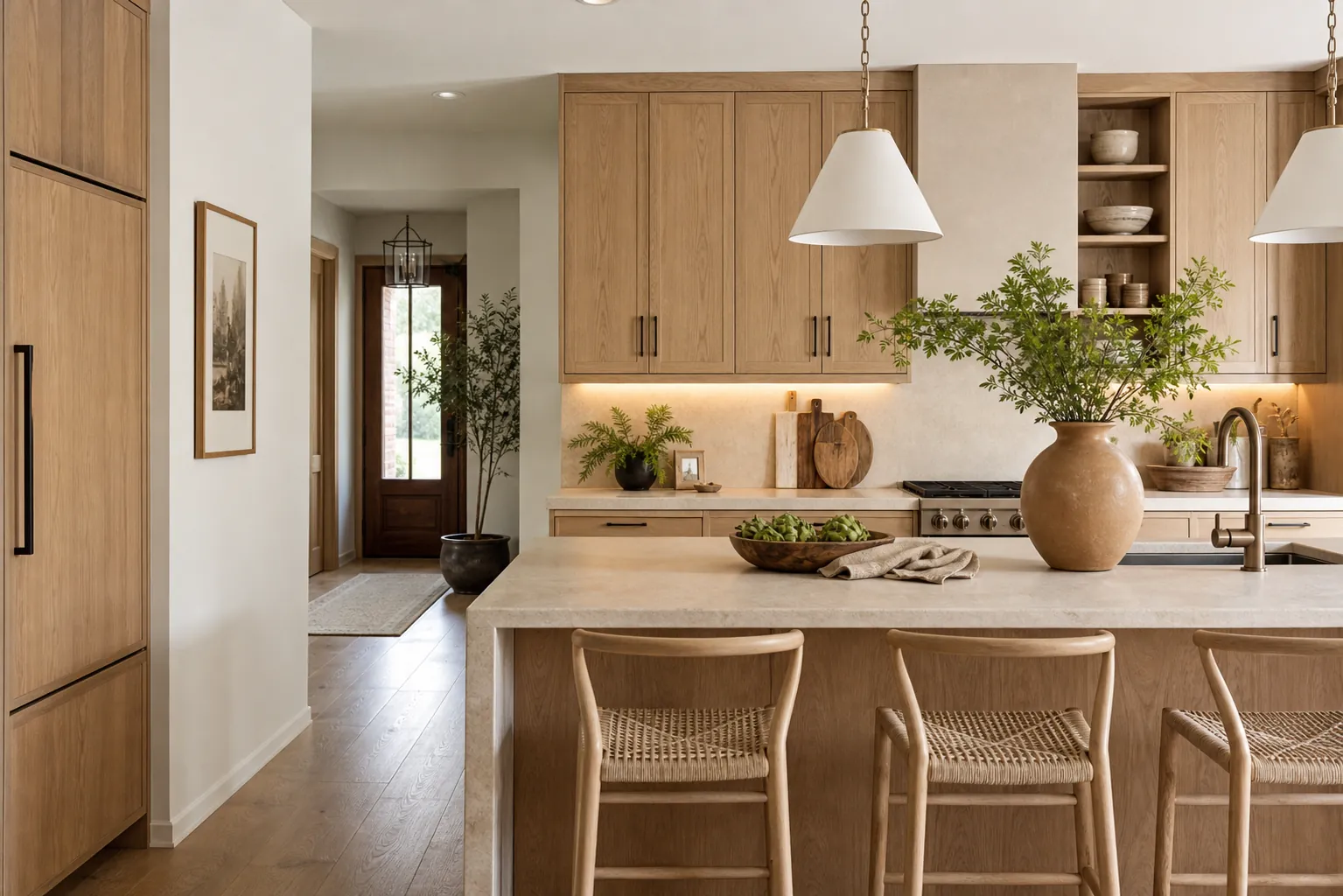 Warm wood kitchen with soft modern cabinets, natural decor, and cozy lighting