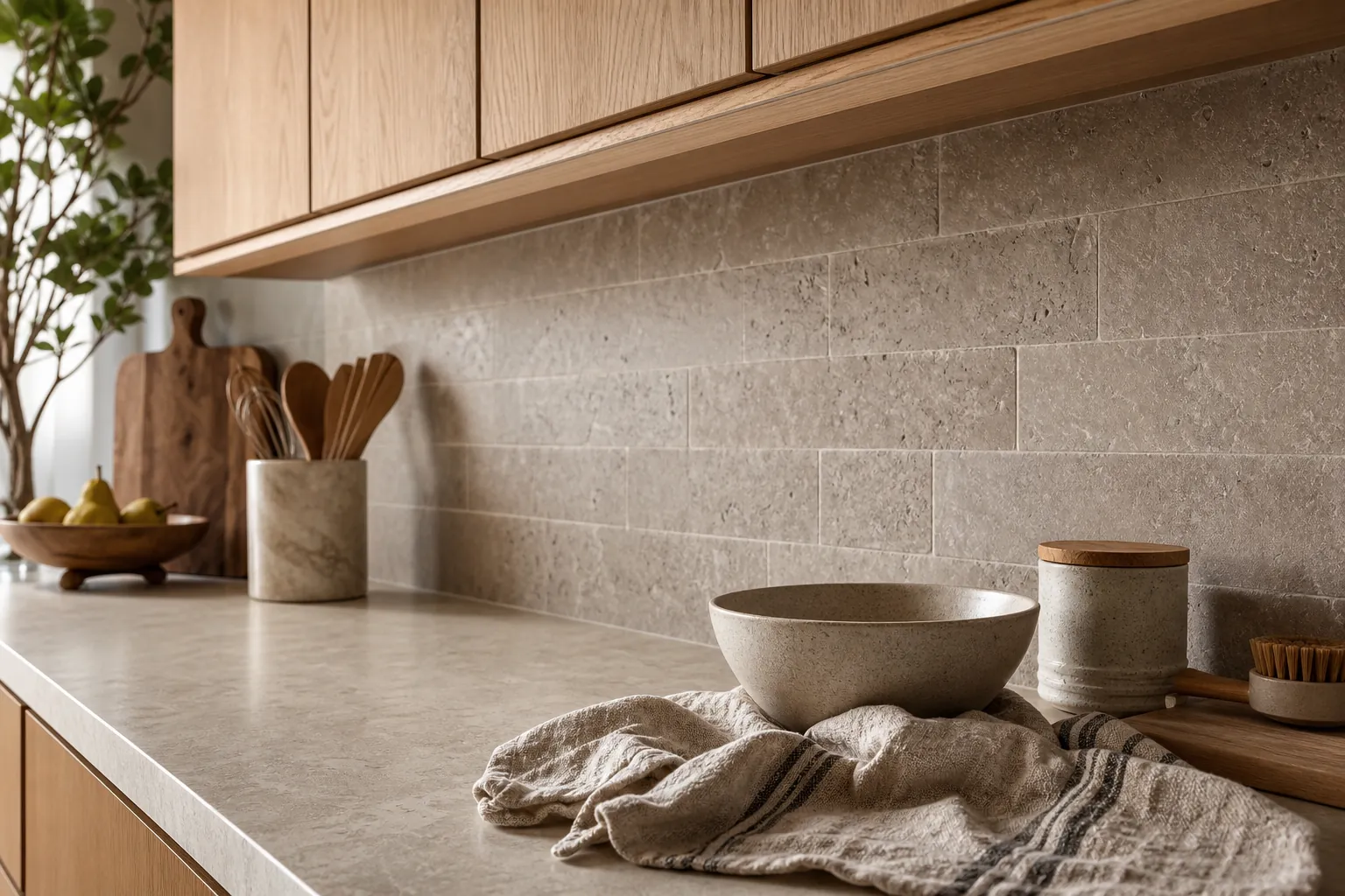 Warm kitchen with matte stone backsplash, wood cabinets, and soft neutral countertop